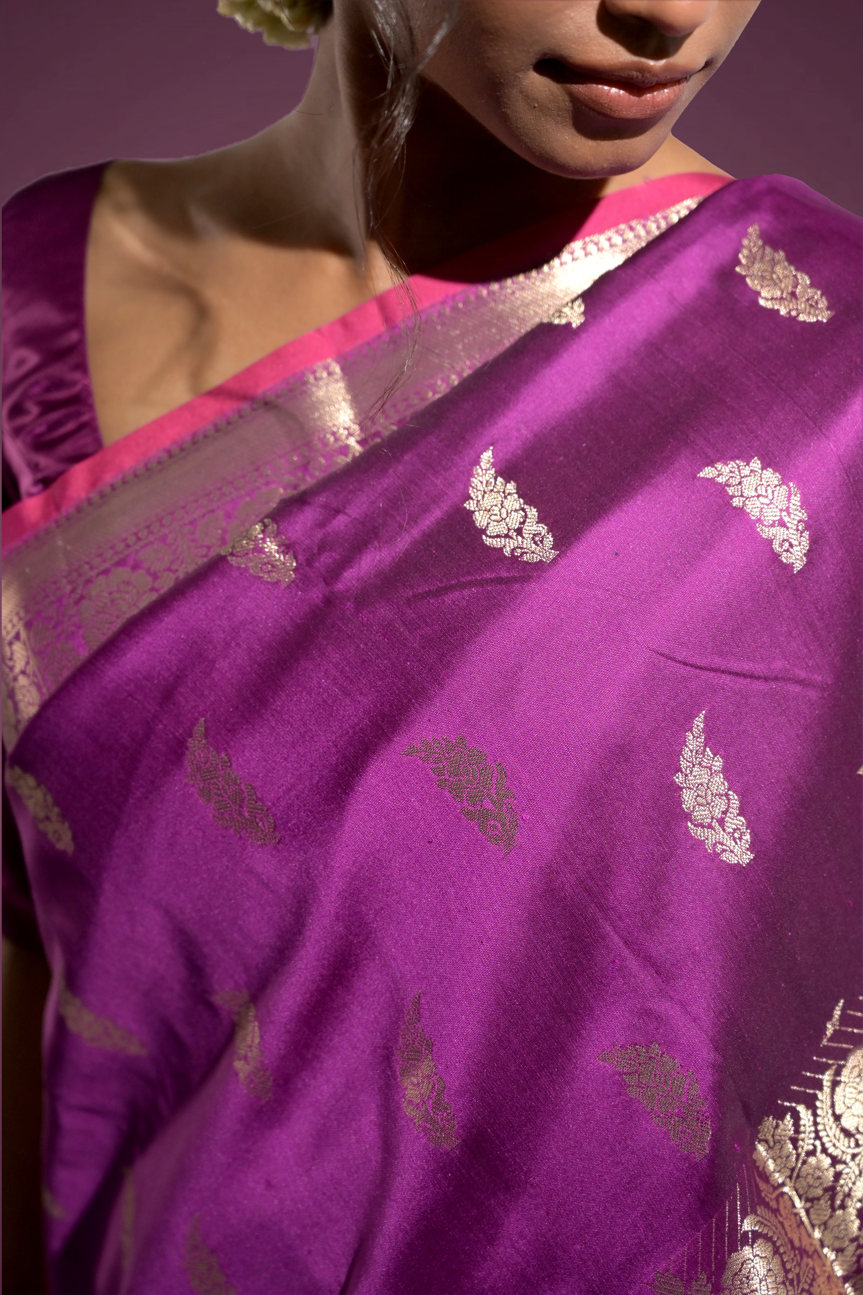 Roshan Jhalak I Purple Handloom Silk Banarasi Saree with floral zari border and Butis