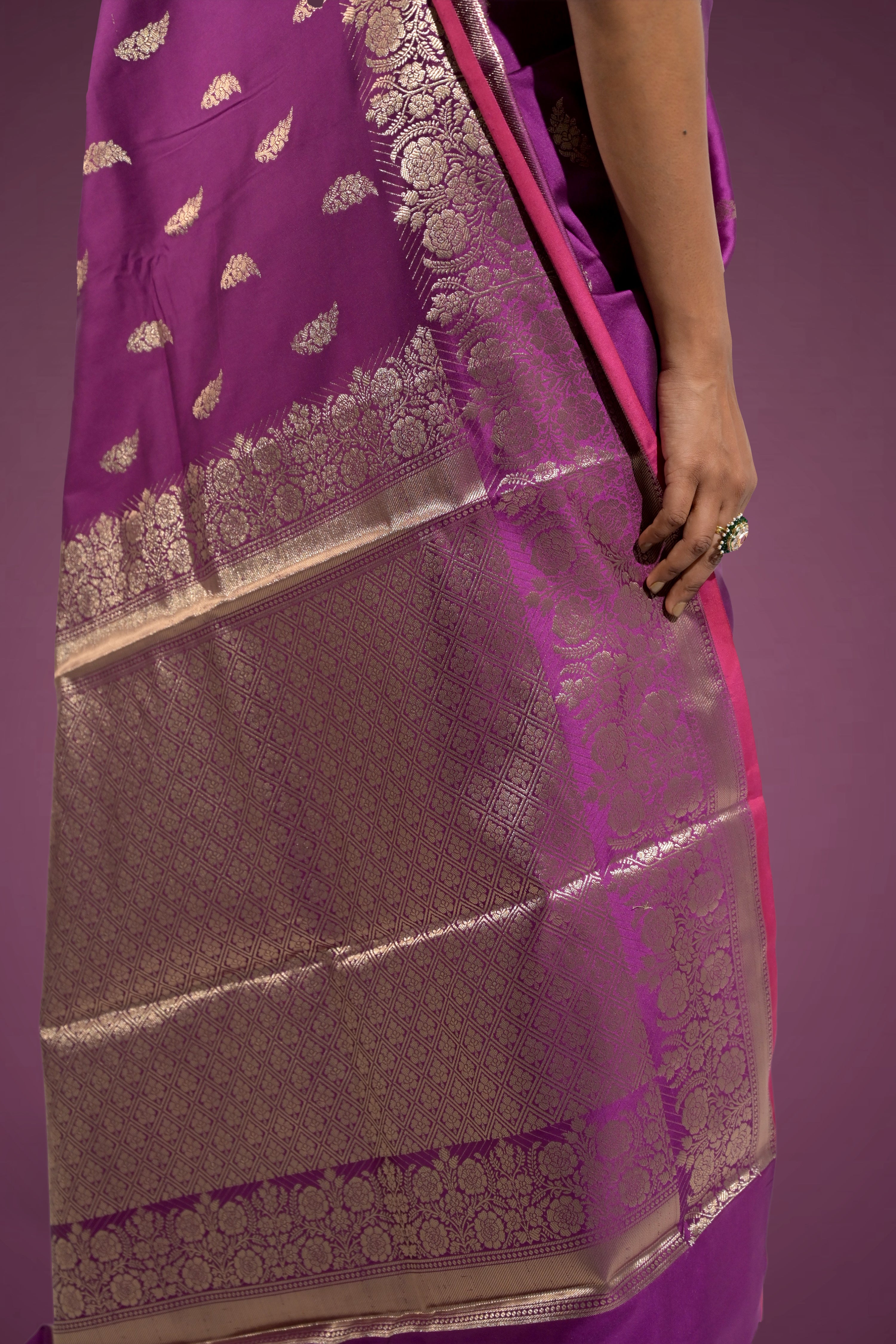 Roshan Jhalak I Purple Handloom Silk Banarasi Saree with floral zari border and Butis