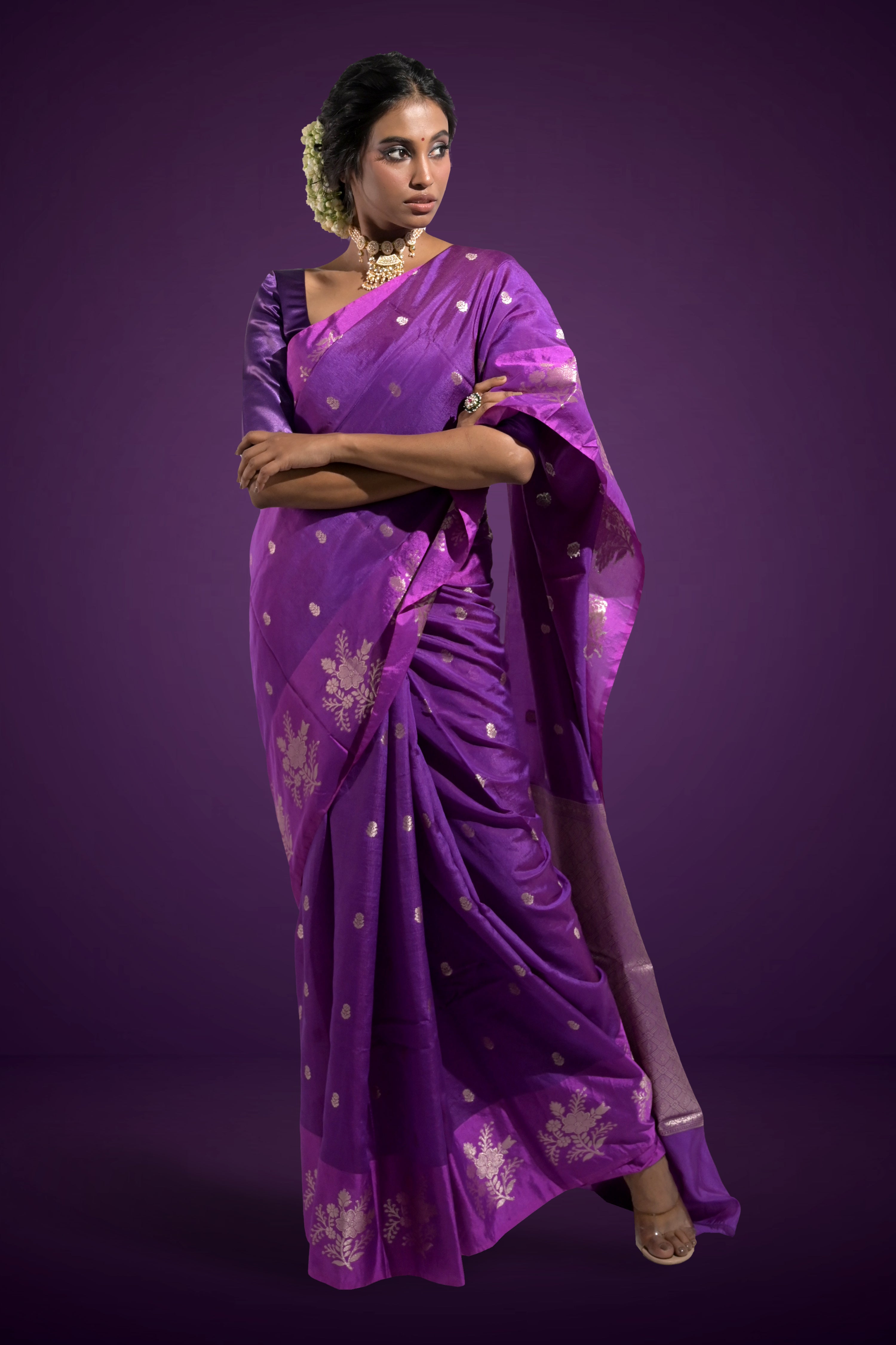 Surmayi Leher I Purple Handloom Silk Banarasi Saree with Floral Zari Border