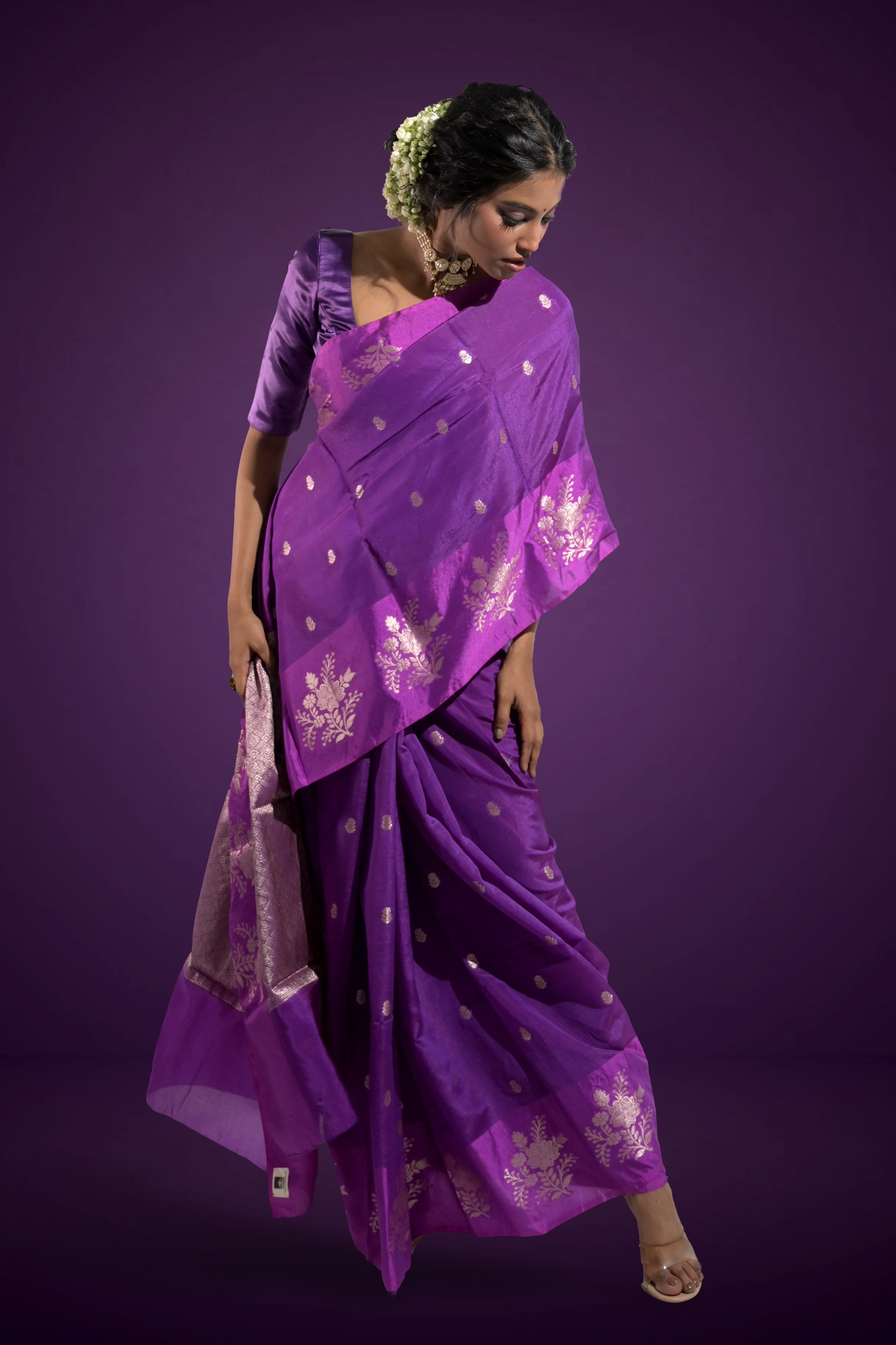 Surmayi Leher I Purple Handloom Silk Banarasi Saree with Floral Zari Border