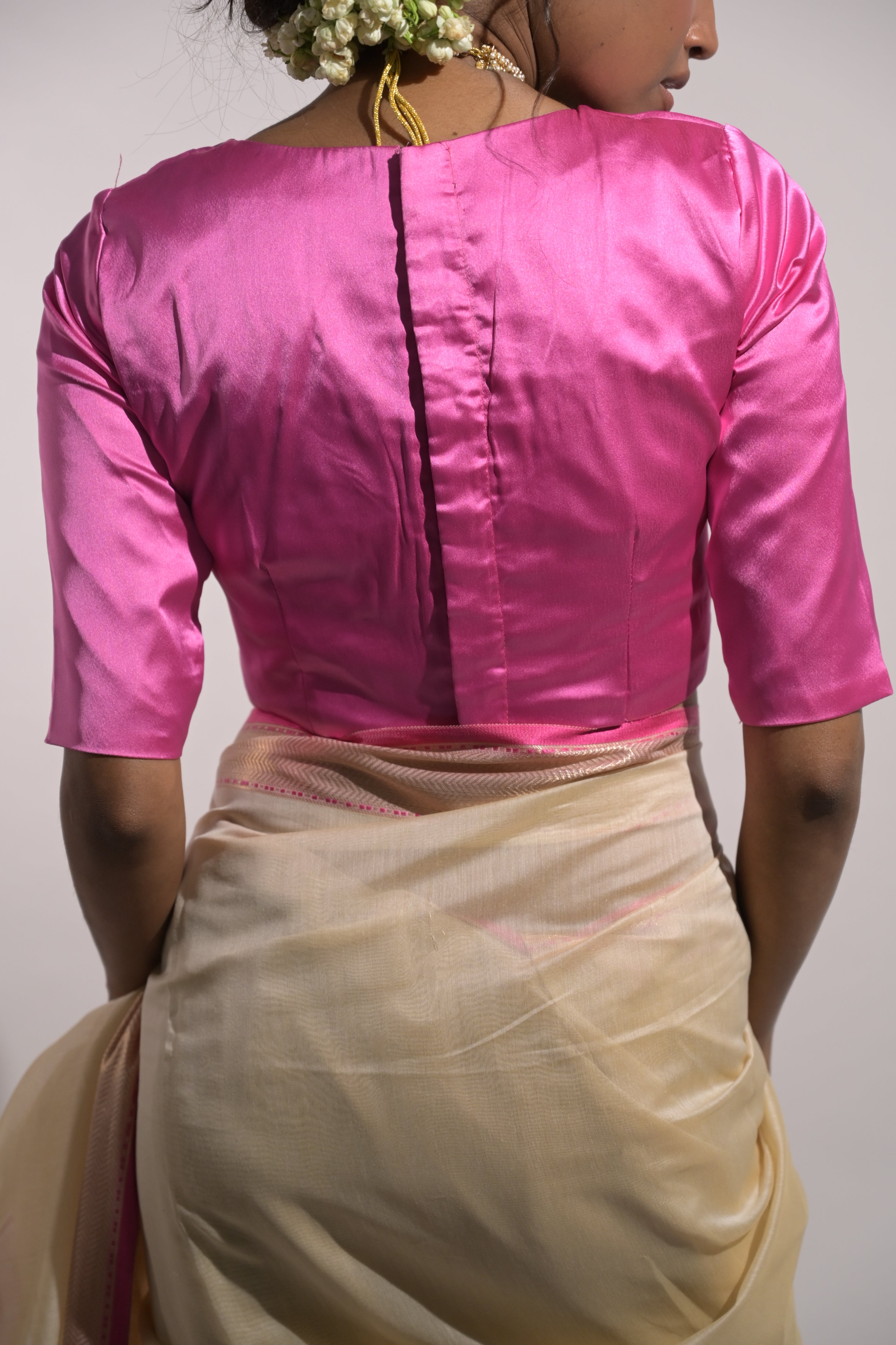Fiza I Fuschia Pink Satin Silk Blouse with V Neckline