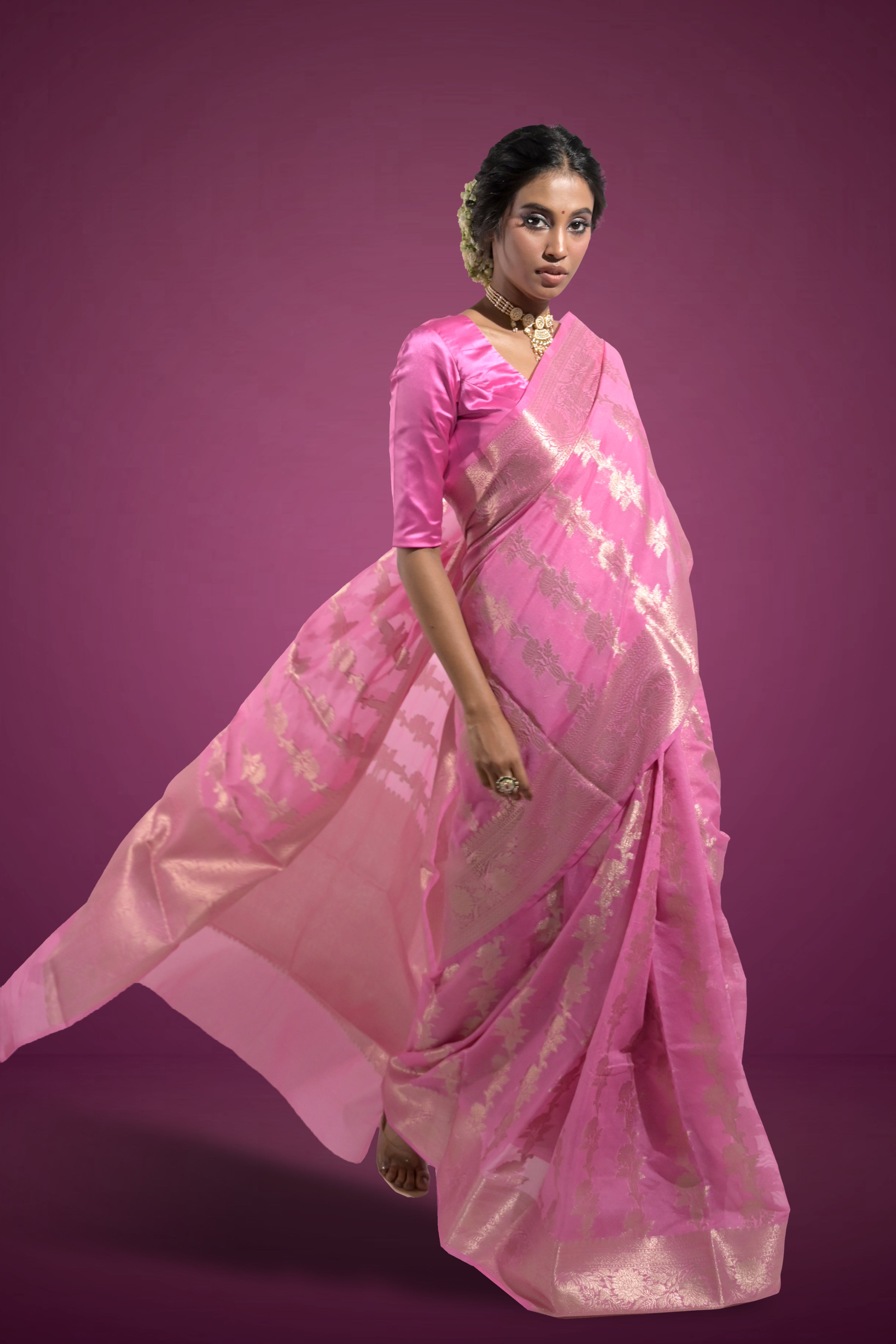 Rangrez Raag I Flamingo Pink Handloom Silk Banarasi Saree with Floral Zari Border and Floral Creepers