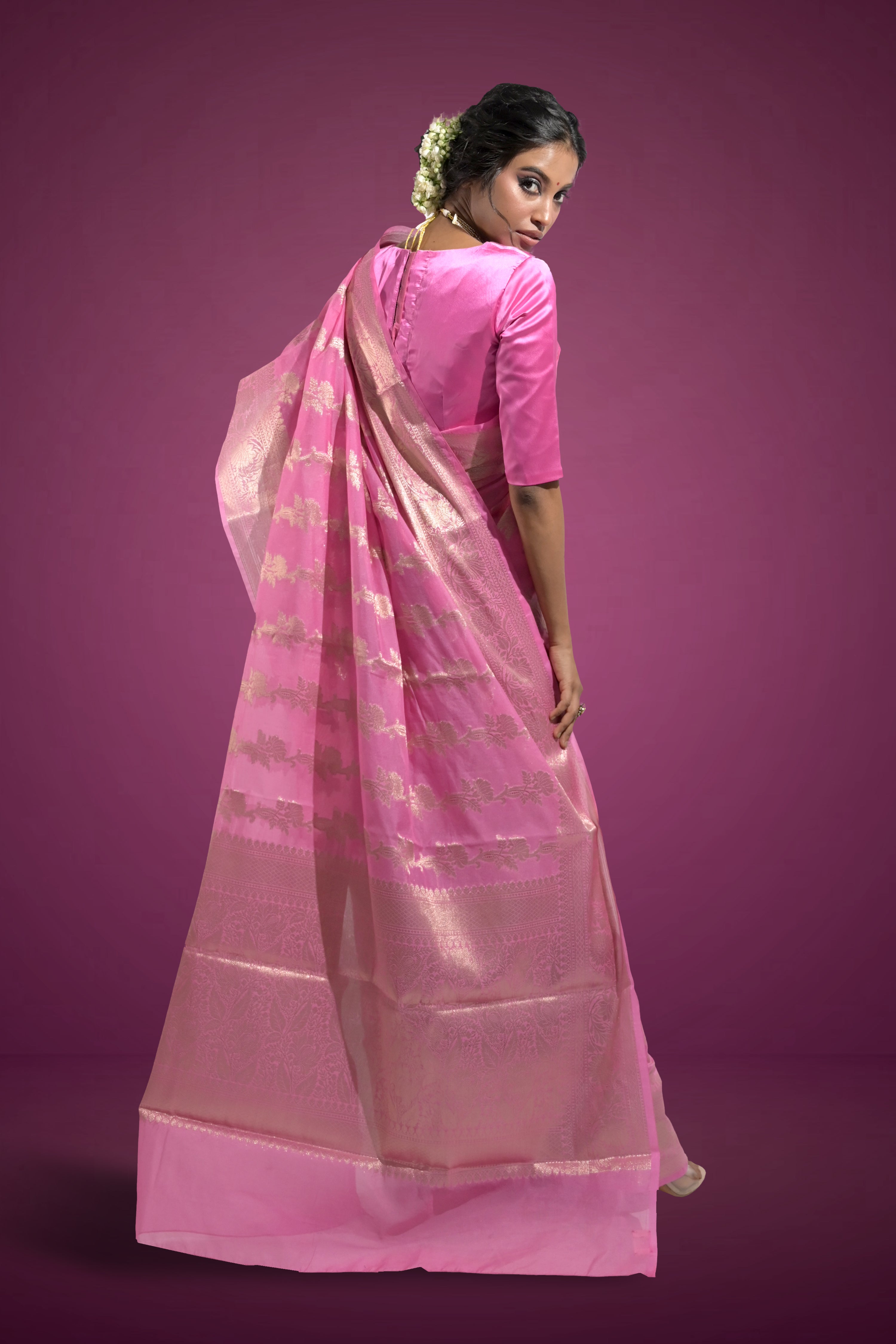 Rangrez Raag I Flamingo Pink Handloom Silk Banarasi Saree with Floral Zari Border and Floral Creepers