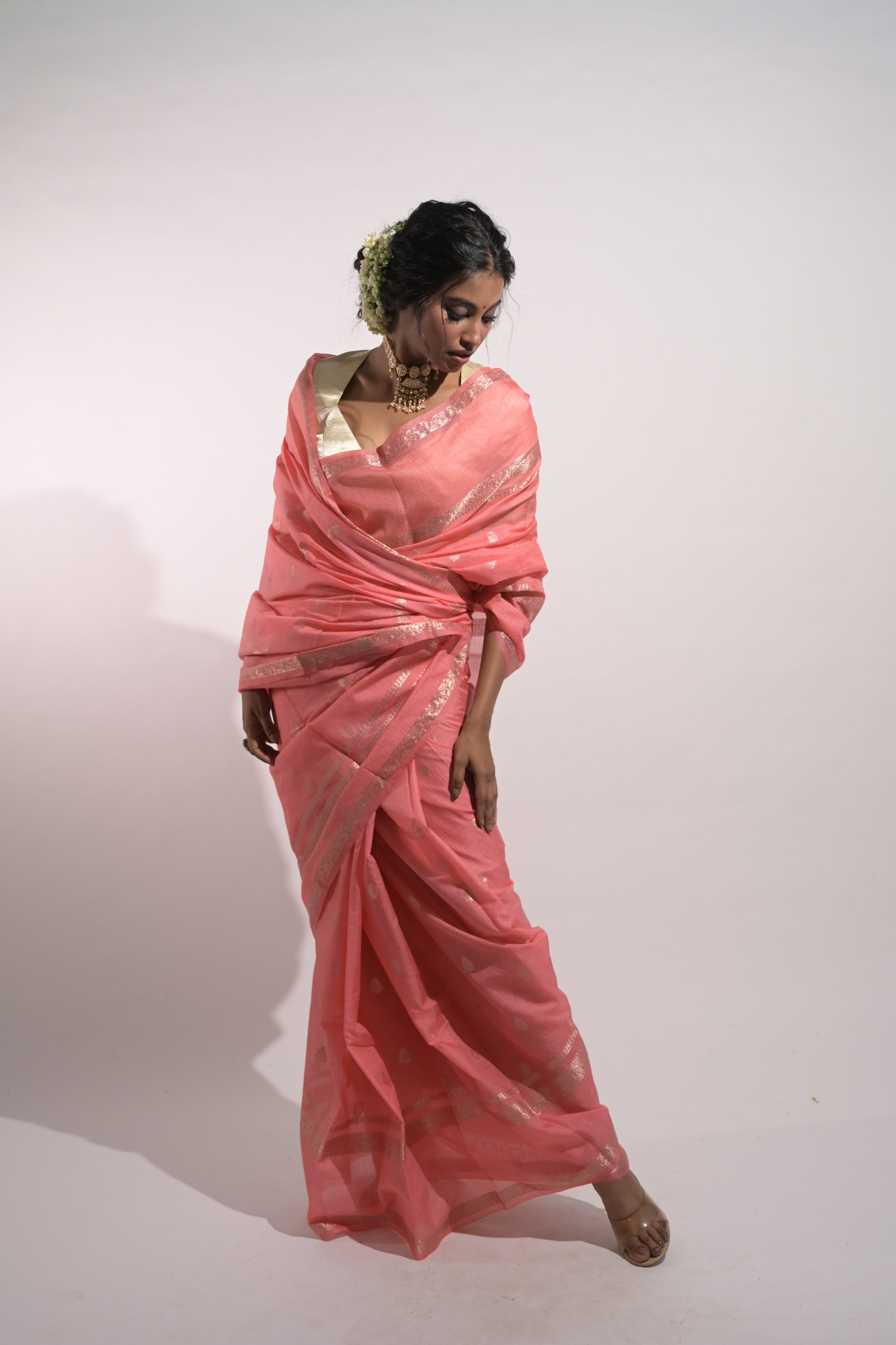Taarini I Coral Pink Handloom Cotton Kota Banarasi Saree with Zari Border