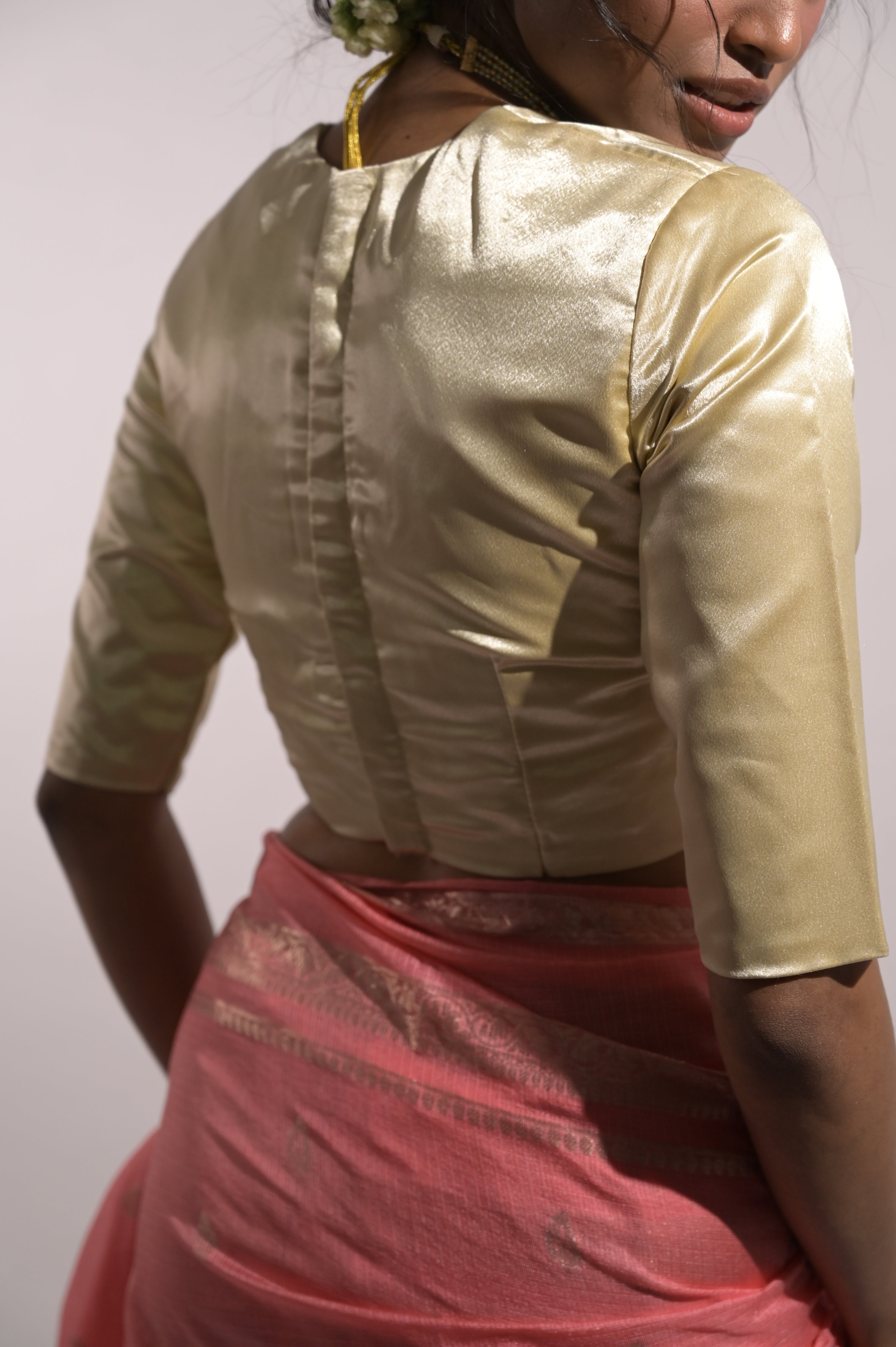 Sheen I Cream Satin Silk Blouse with Sweet-Heart Neckline