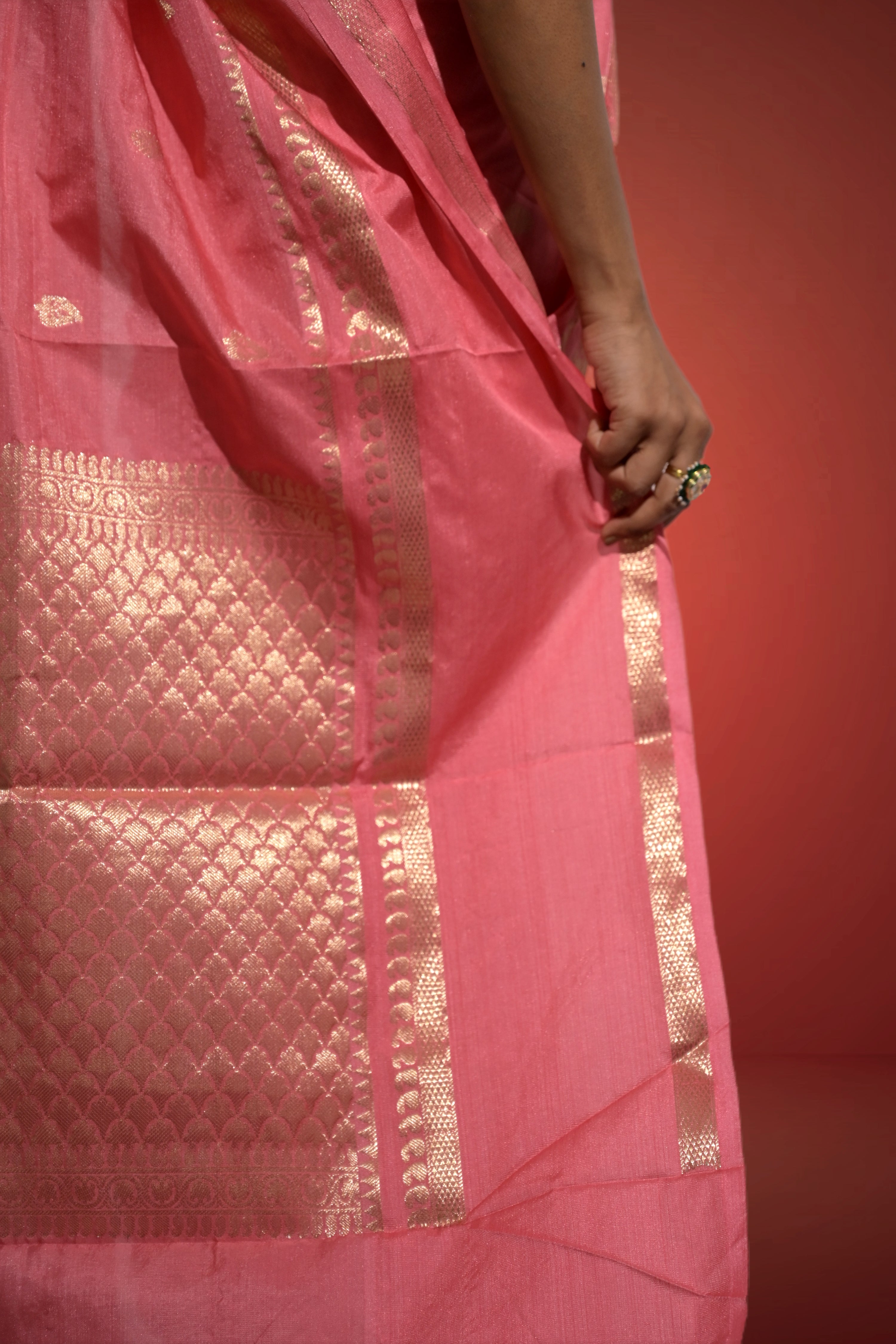 Gulraaz Geet I Coral Pink Handloom Silk Banarasi Saree with Zari Border