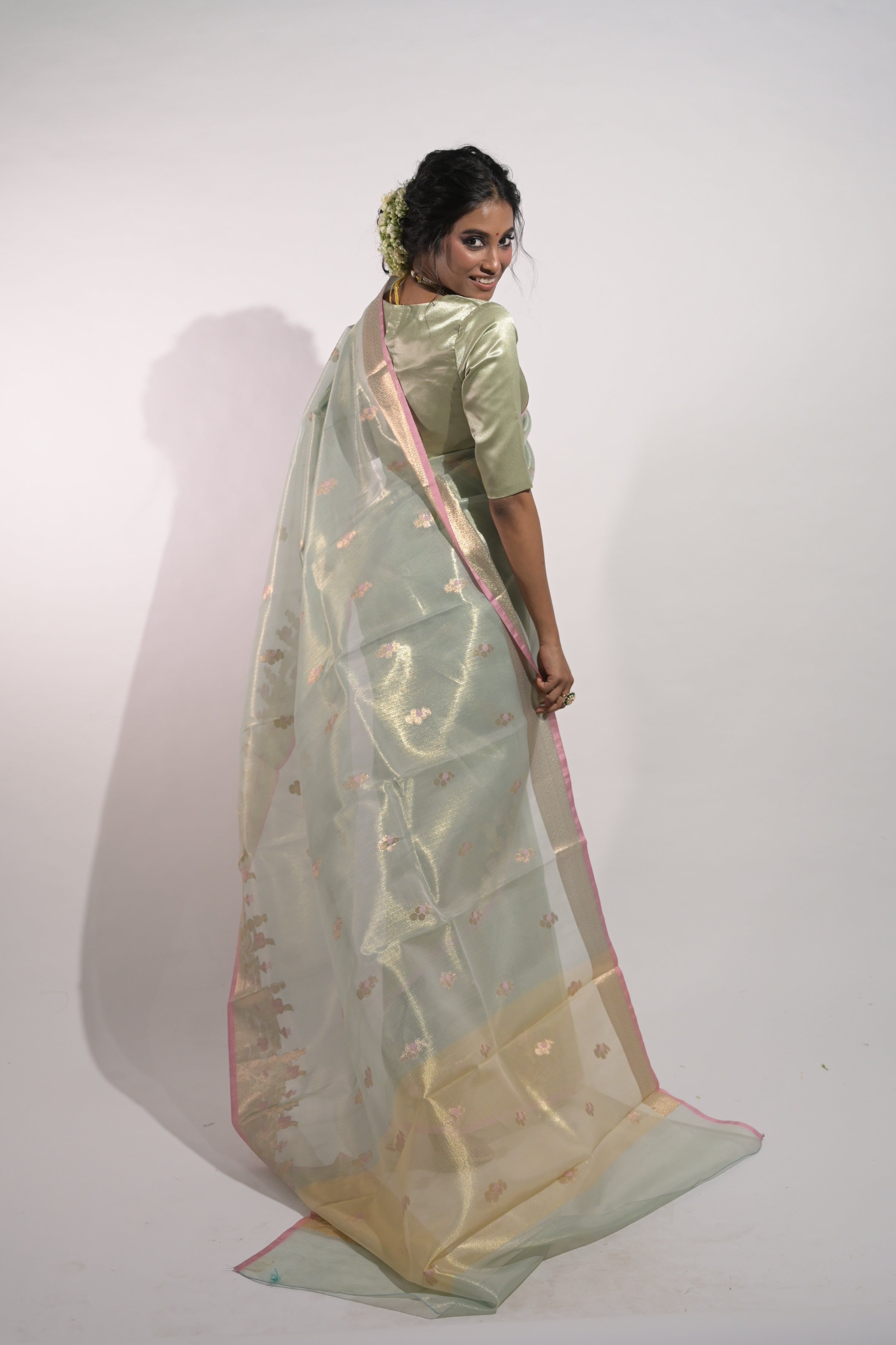 Tushara I Pastel Blue Handloom Tissue Kota Banarasi Saree