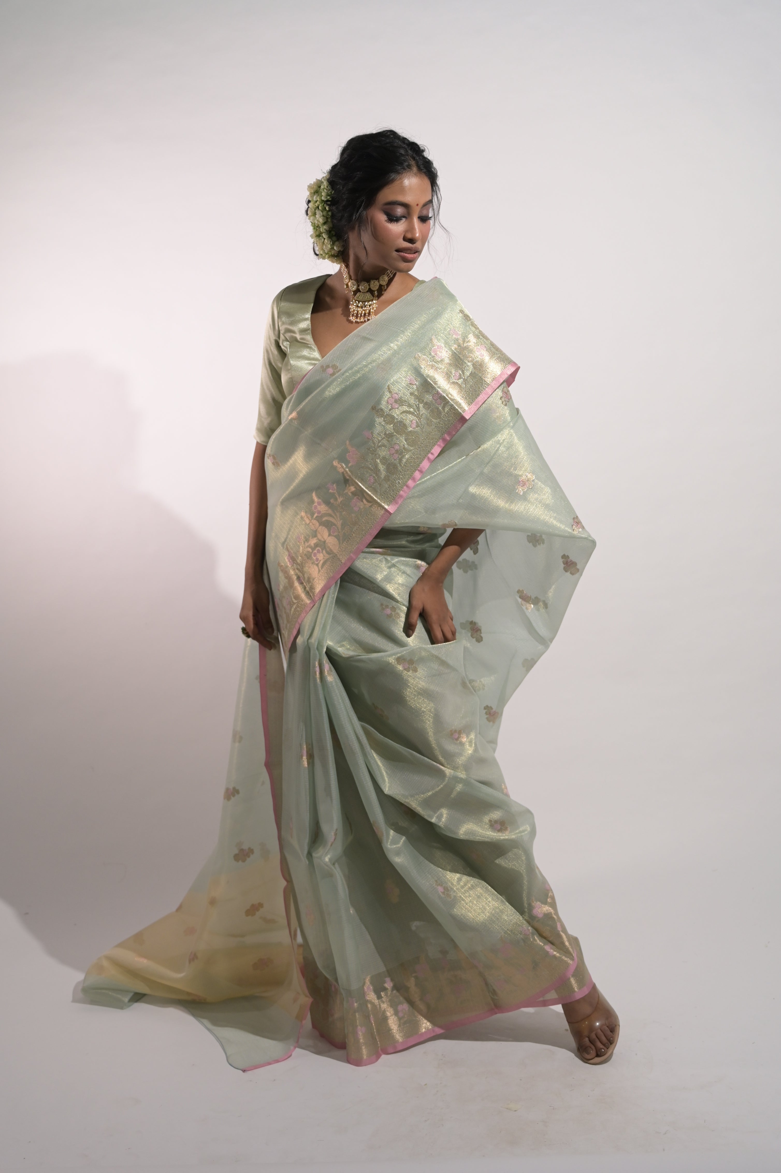 Tushara I Pastel Blue Handloom Tissue Kota Banarasi Saree