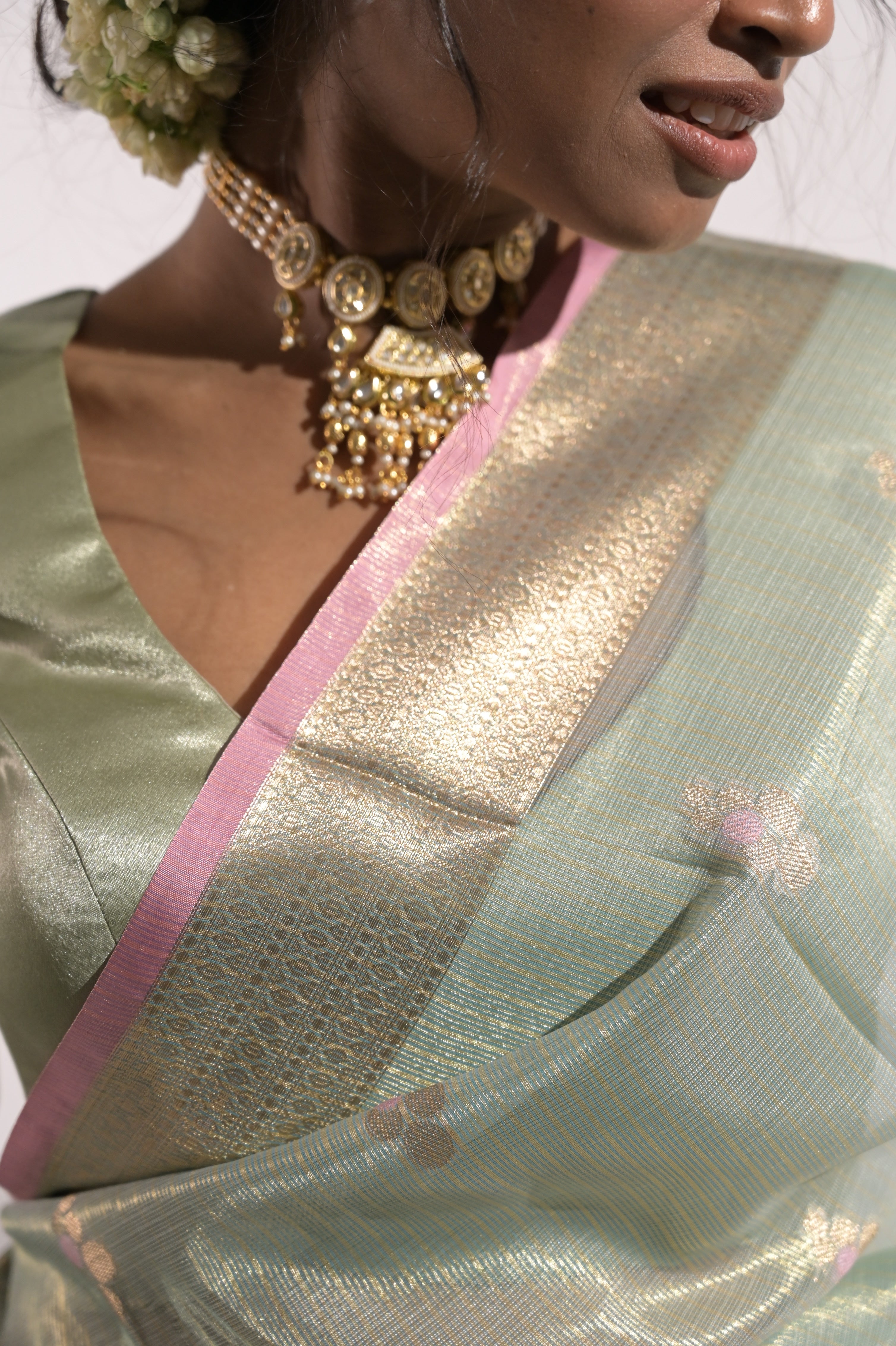 Tushara I Pastel Blue Handloom Tissue Kota Banarasi Saree