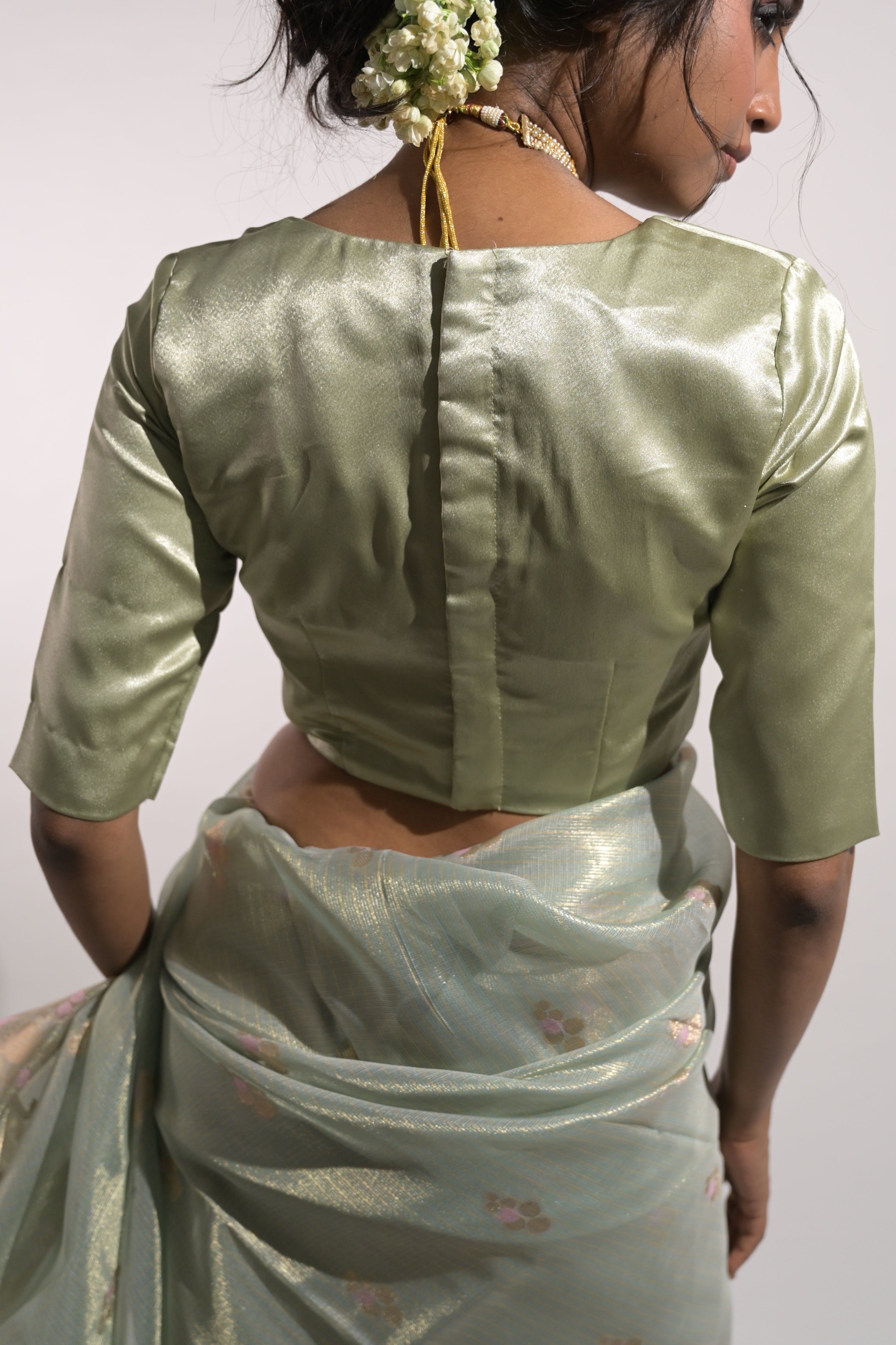 Navika I Sage Green Satin Silk Blouse with V Neckline