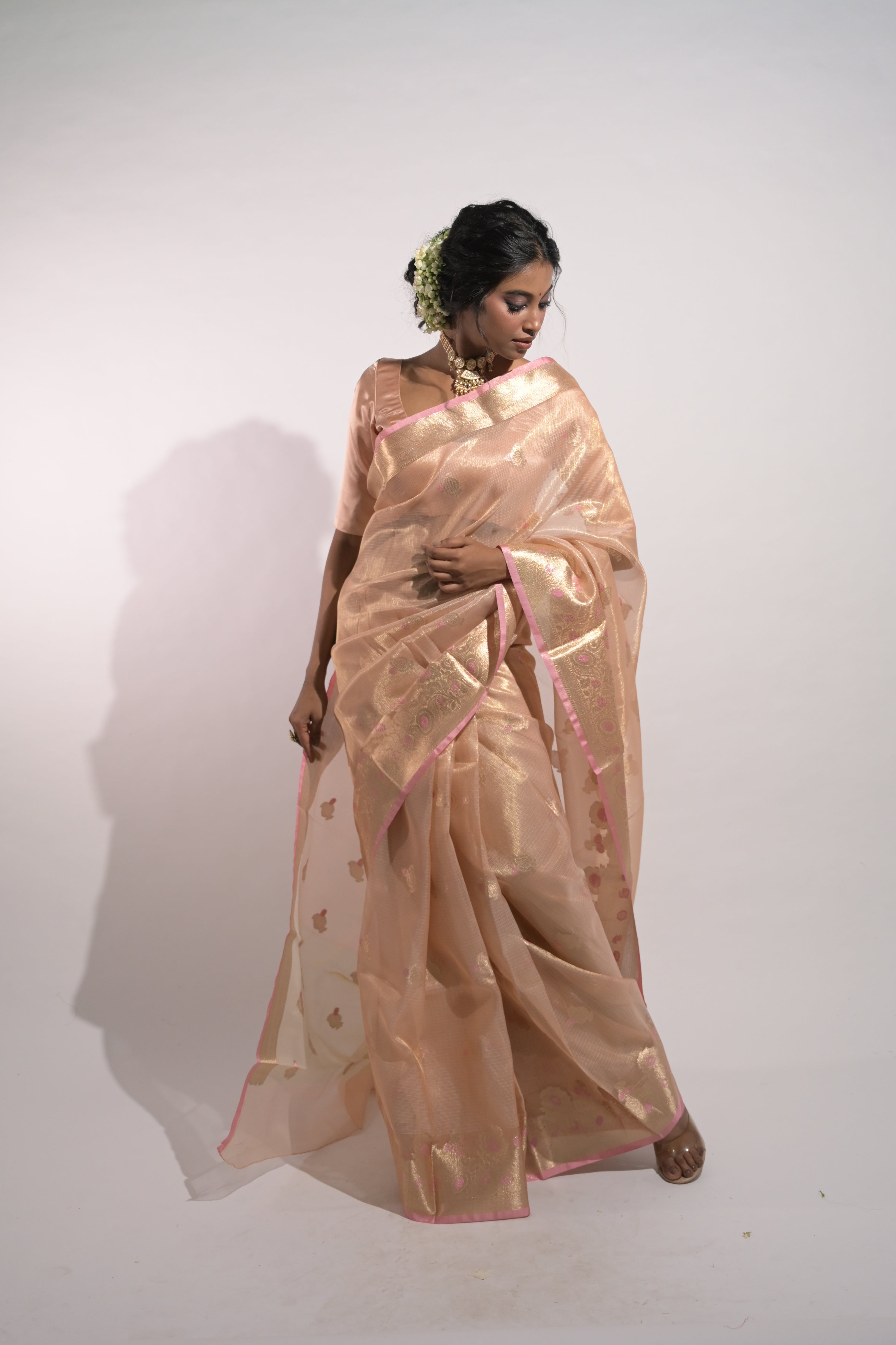 Aaravi I Peach Handloom Tissue Kota Banarasi Saree