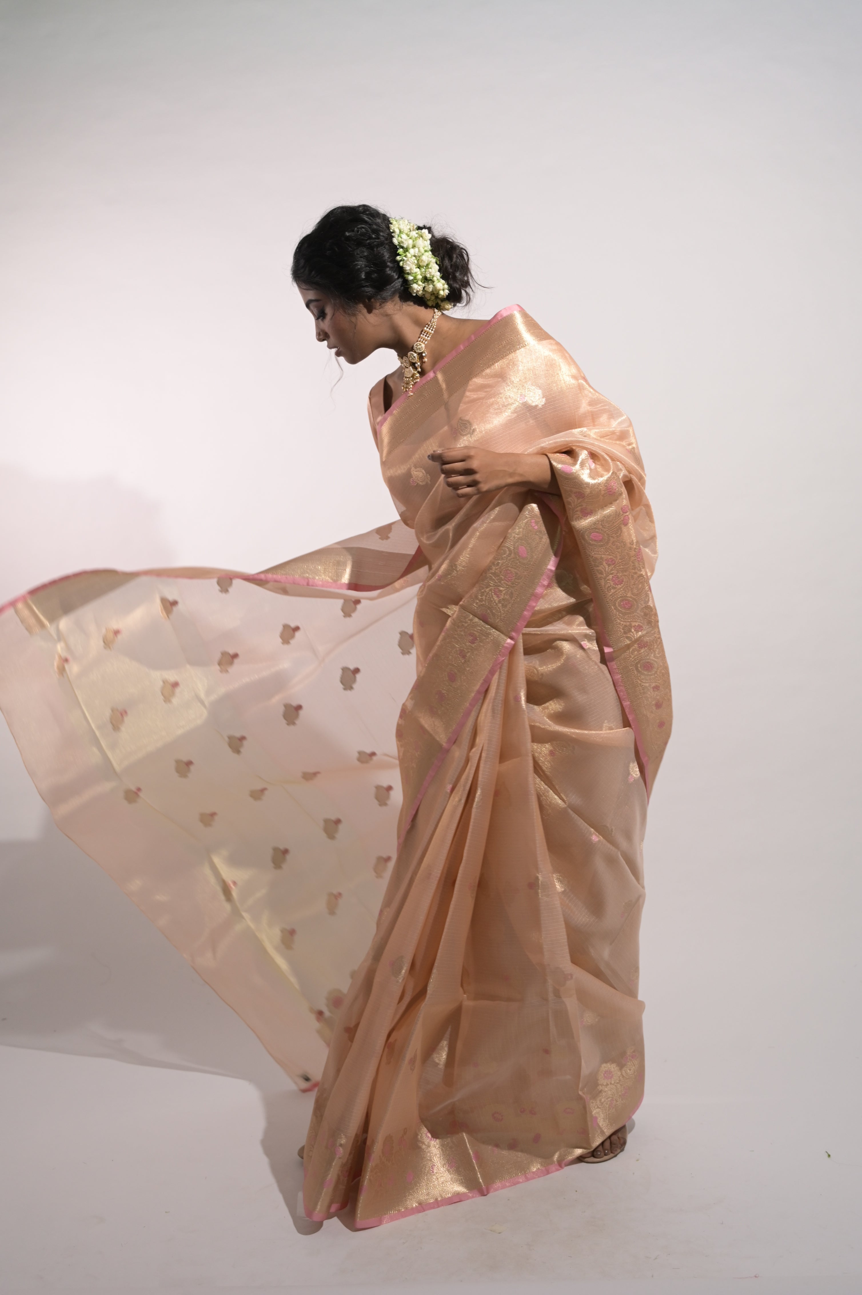 Aaravi I Peach Handloom Tissue Kota Banarasi Saree