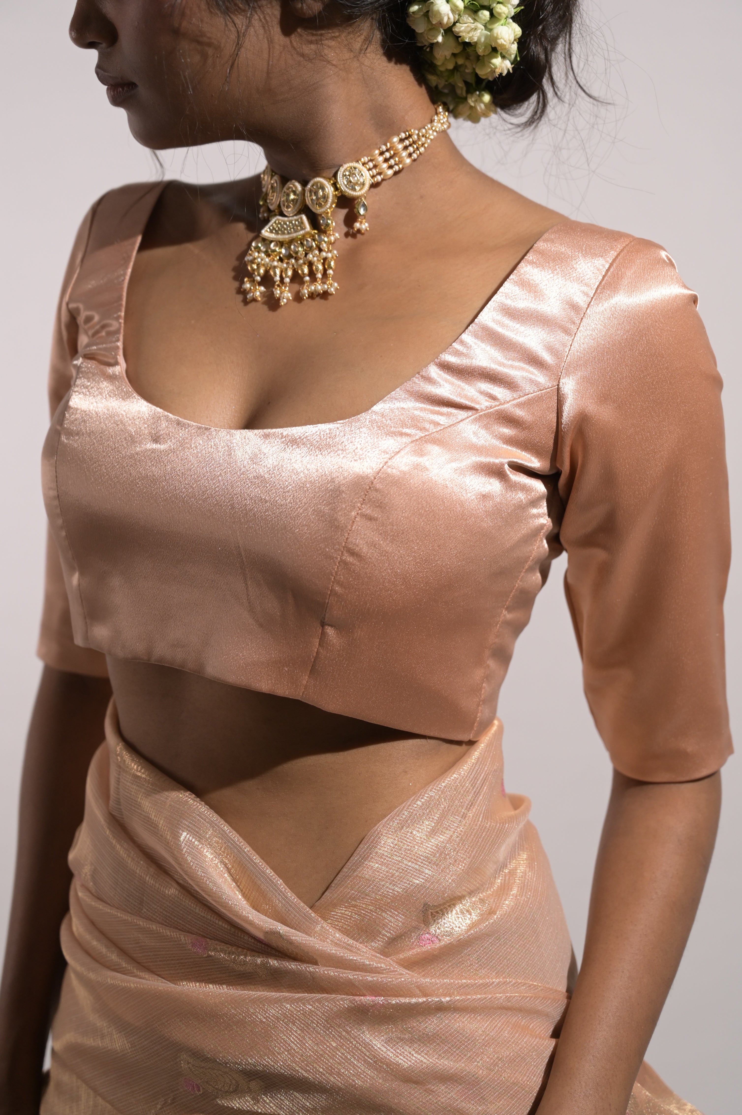 Ruhika I Peach Satin Silk Blouse with Round Neckline