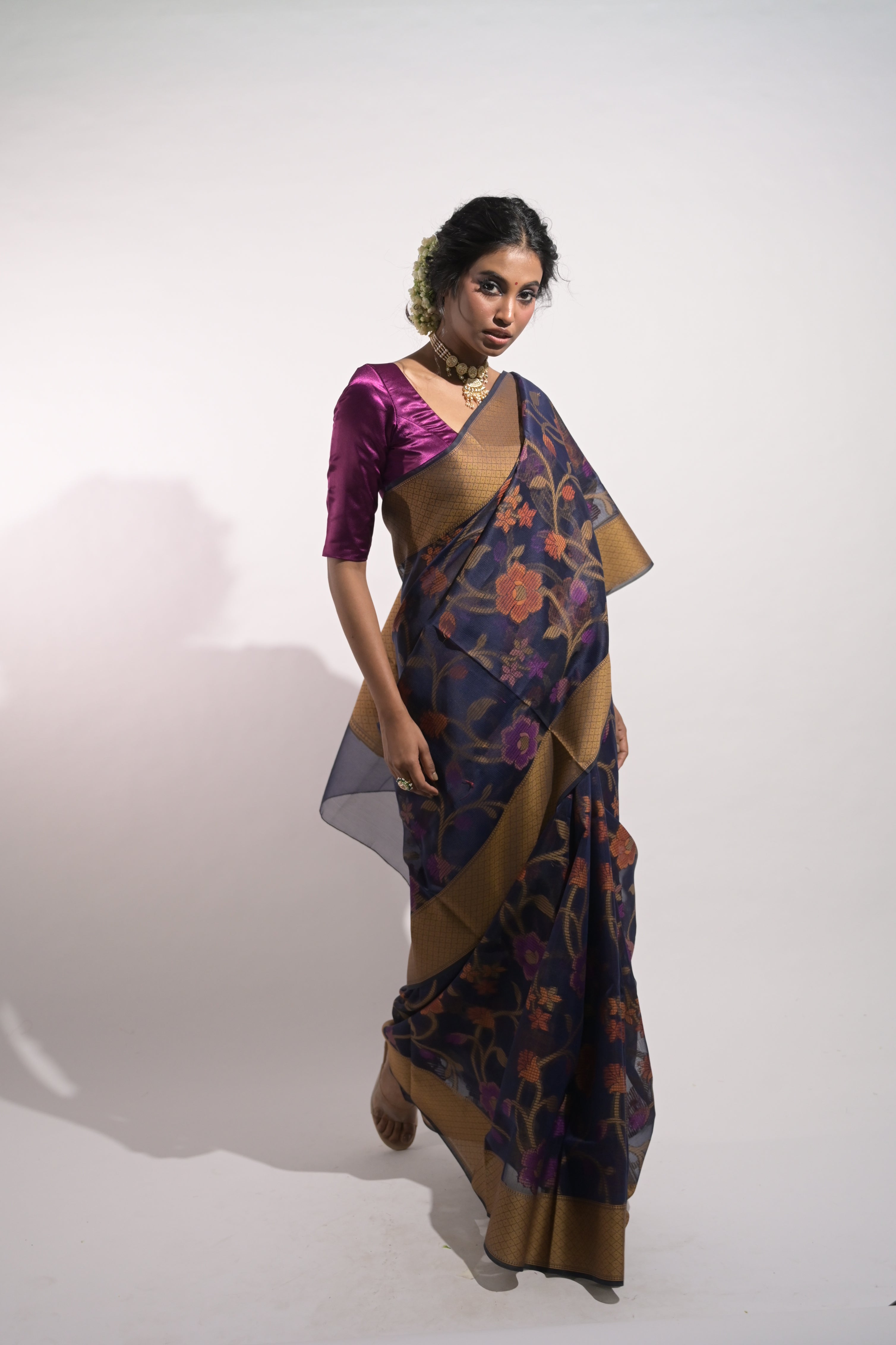 Avanya I Blue Handloom Cotton Saree with Multicolour Floral Jaal Motifs