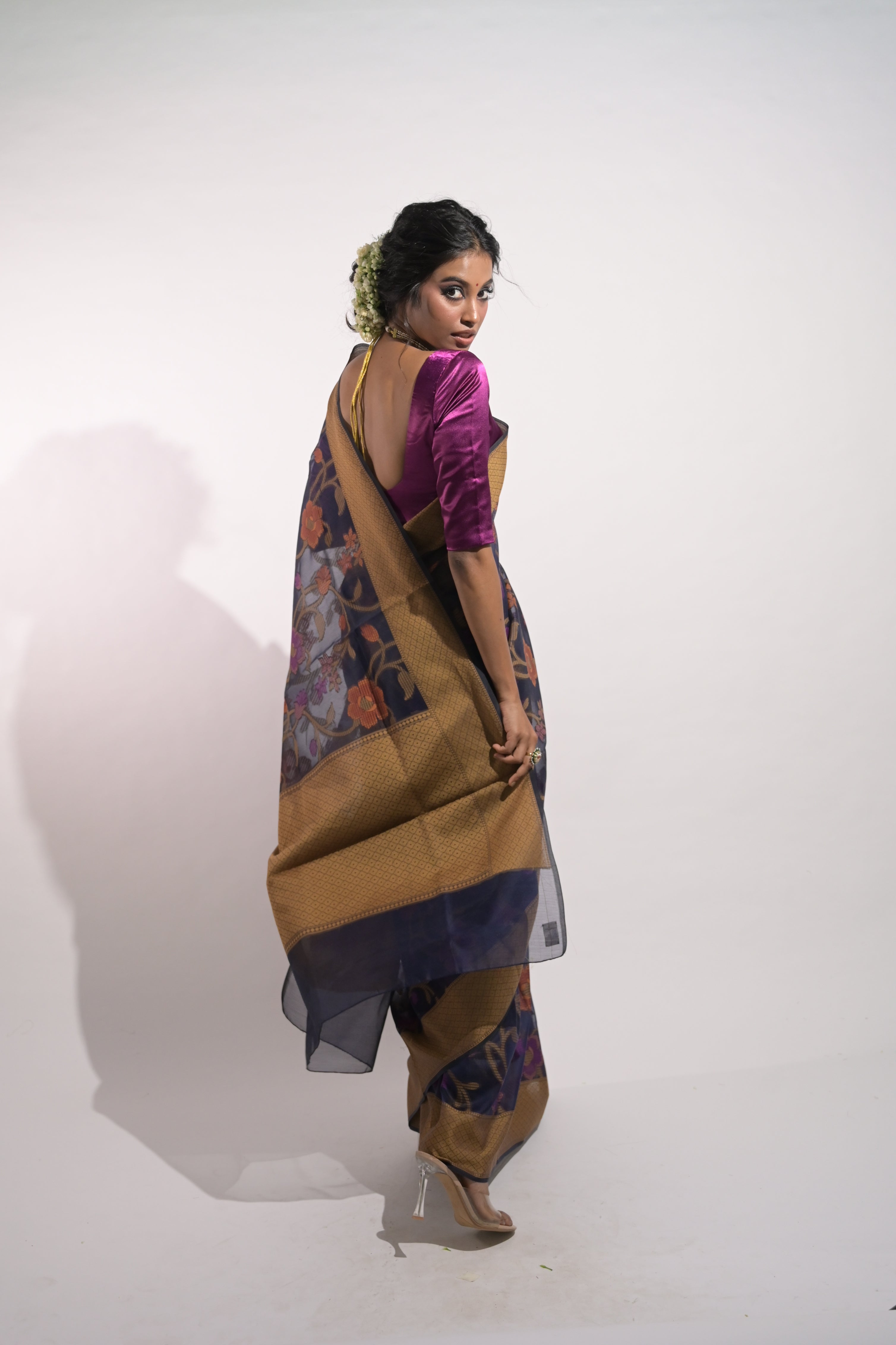 Avanya I Blue Handloom Cotton Saree with Multicolour Floral Jaal Motifs