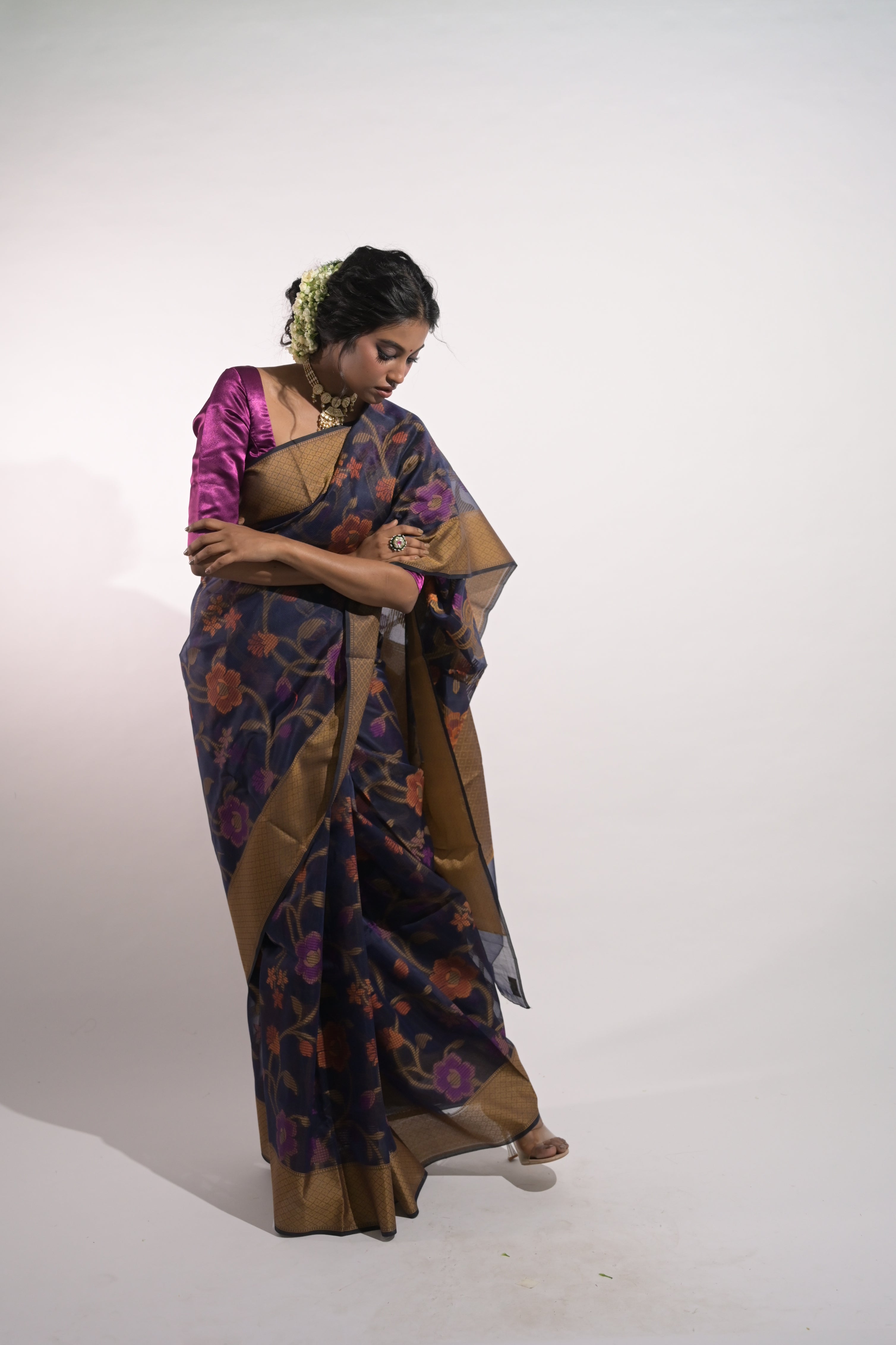 Avanya I Blue Handloom Cotton Saree with Multicolour Floral Jaal Motifs