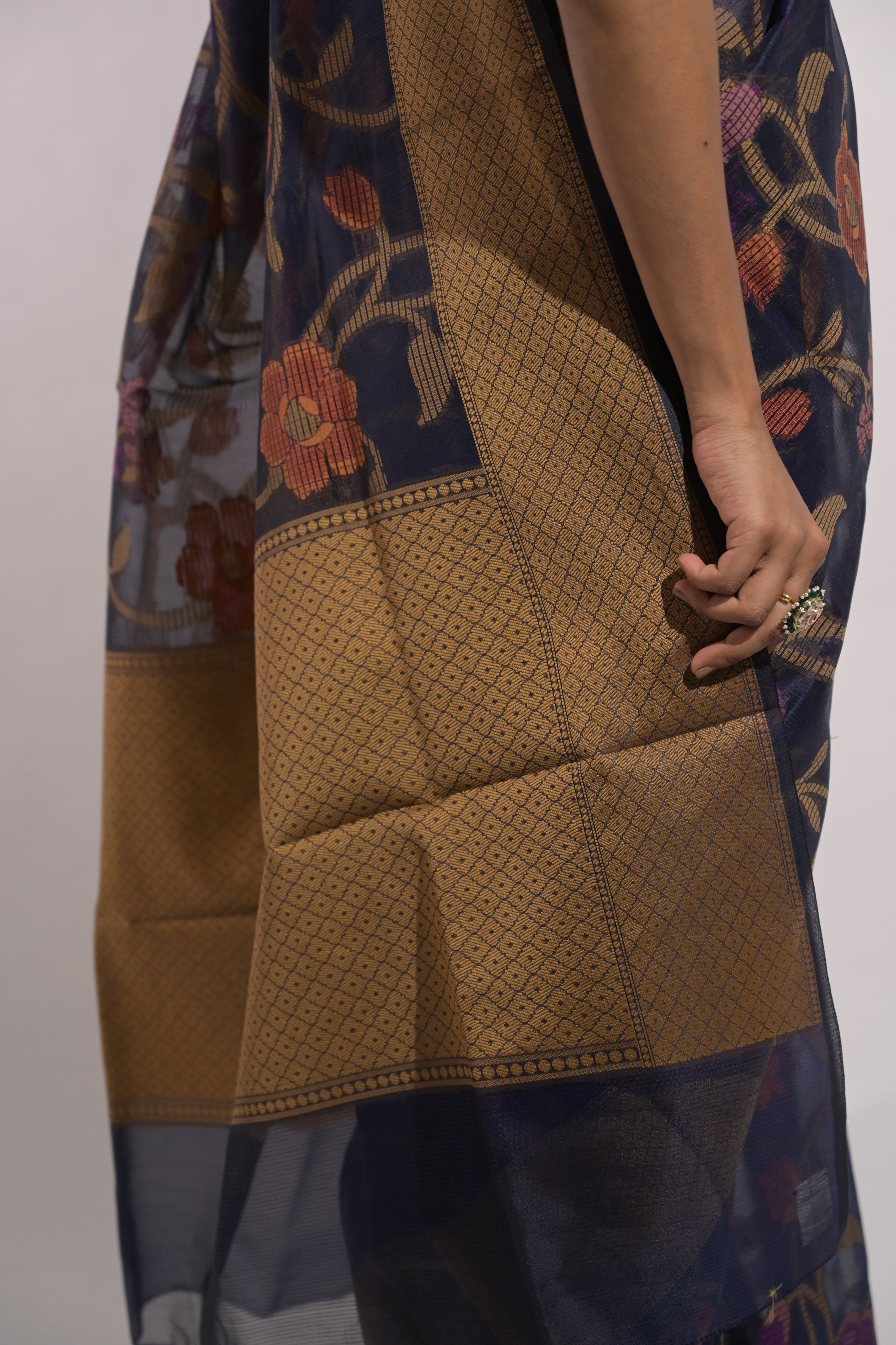 Avanya I Blue Handloom Cotton Saree with Multicolour Floral Jaal Motifs