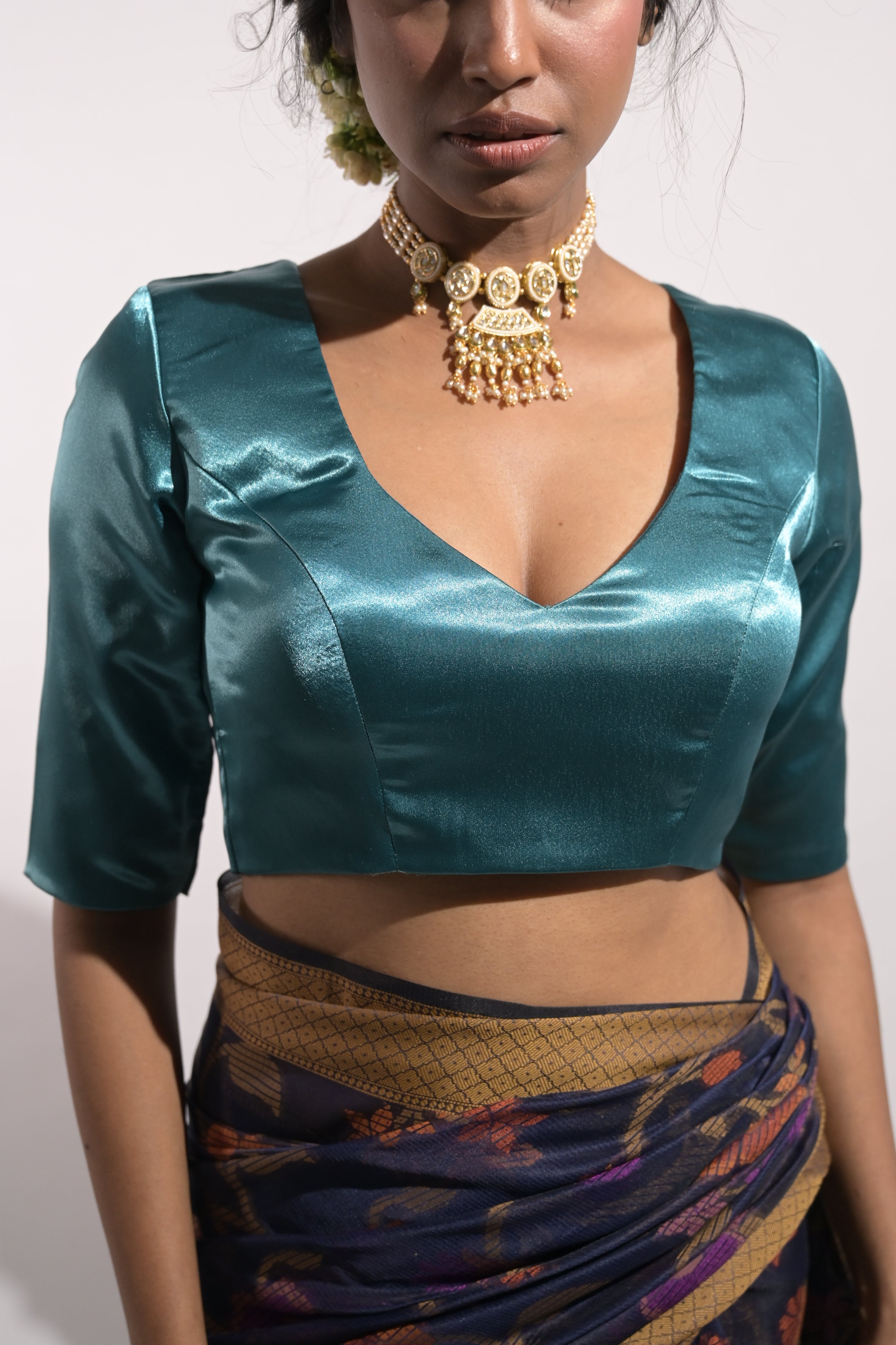 Anvi I Sea Green Satin Silk Blouse with V Neckline