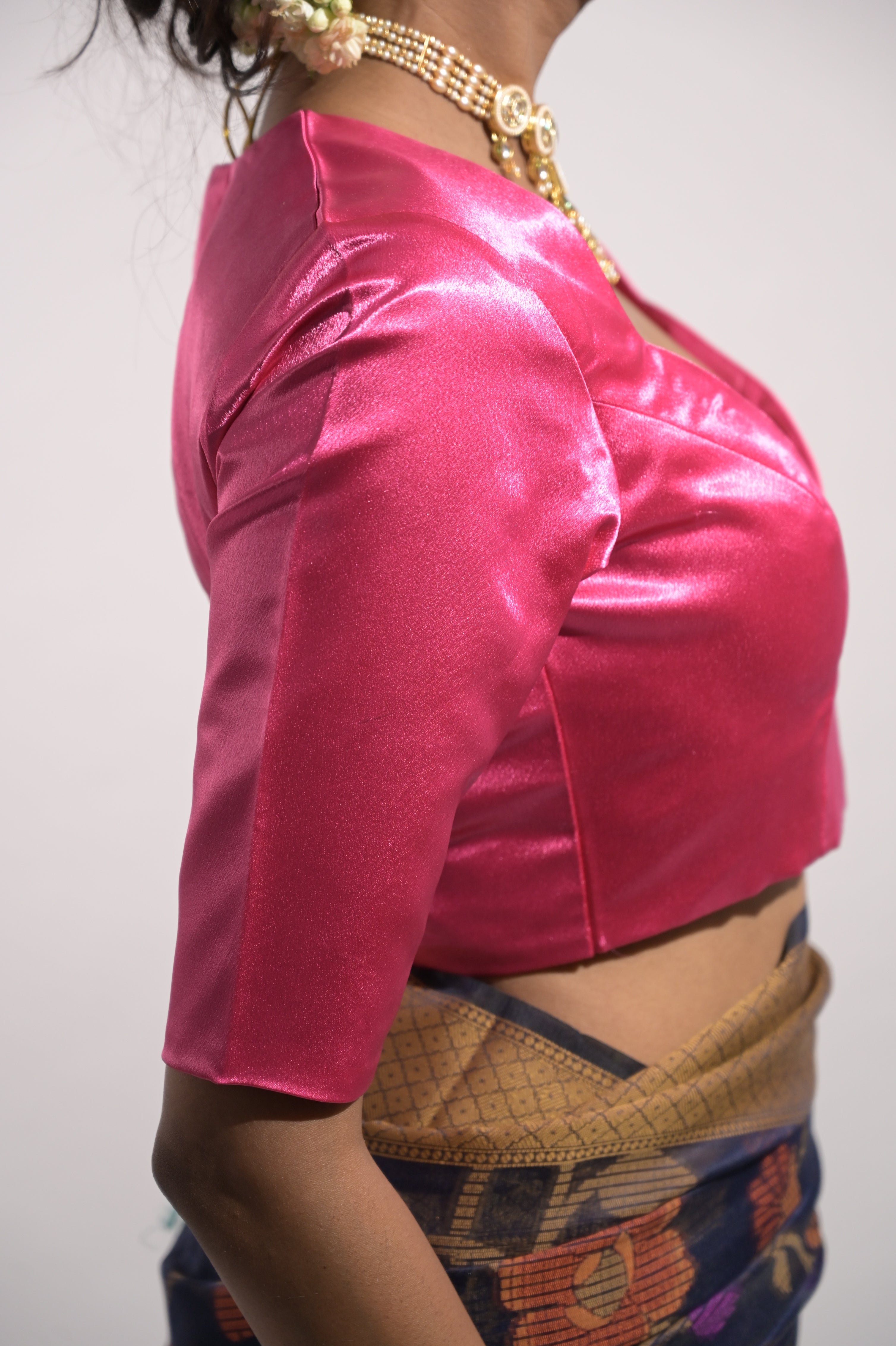 Gulika I Pink Satin Silk Blouse with Sweet-Heart Neckline