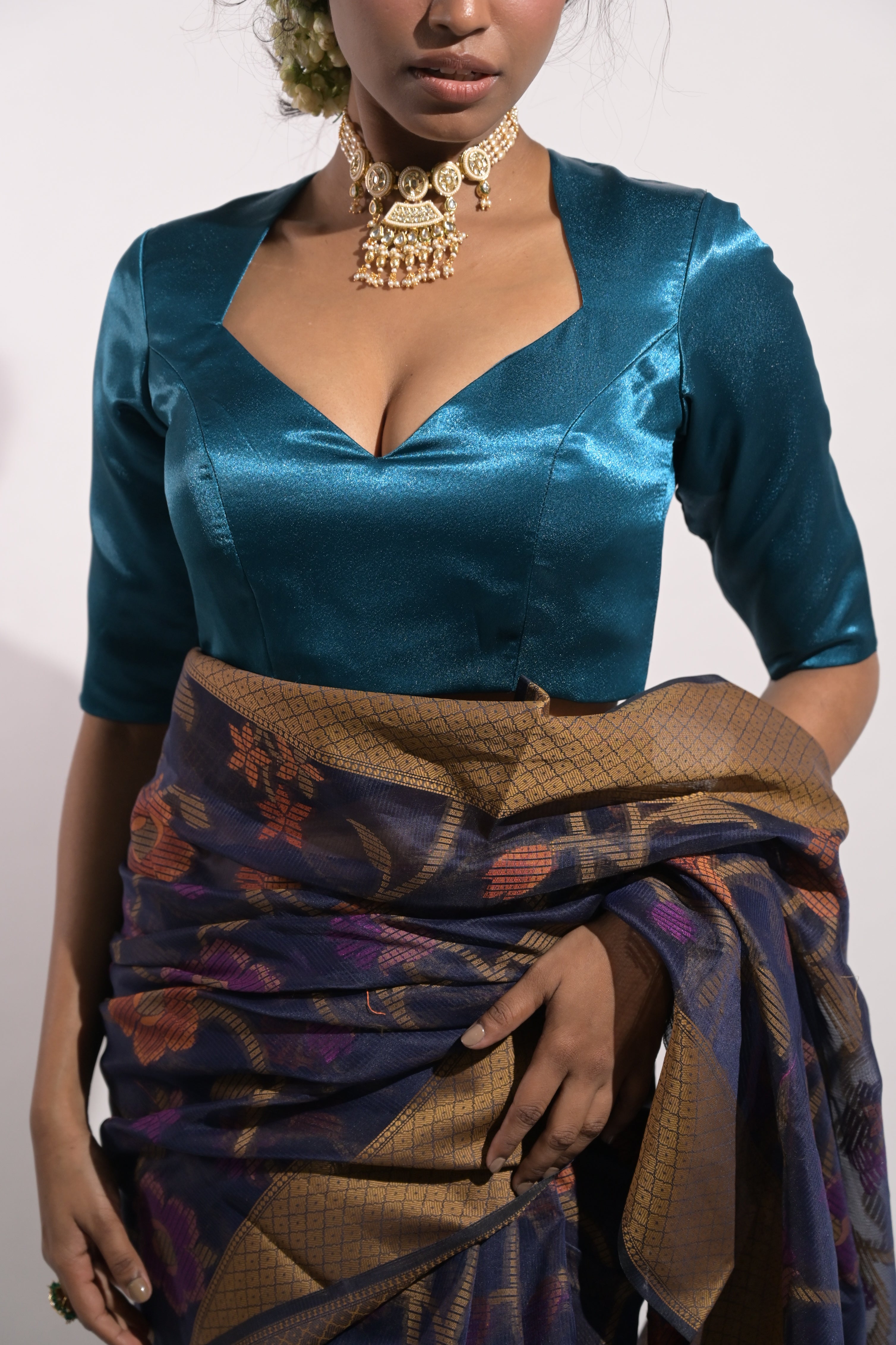 Megha I Cerulean Blue Satin Silk Blouse with Sweet-Heart Neckline