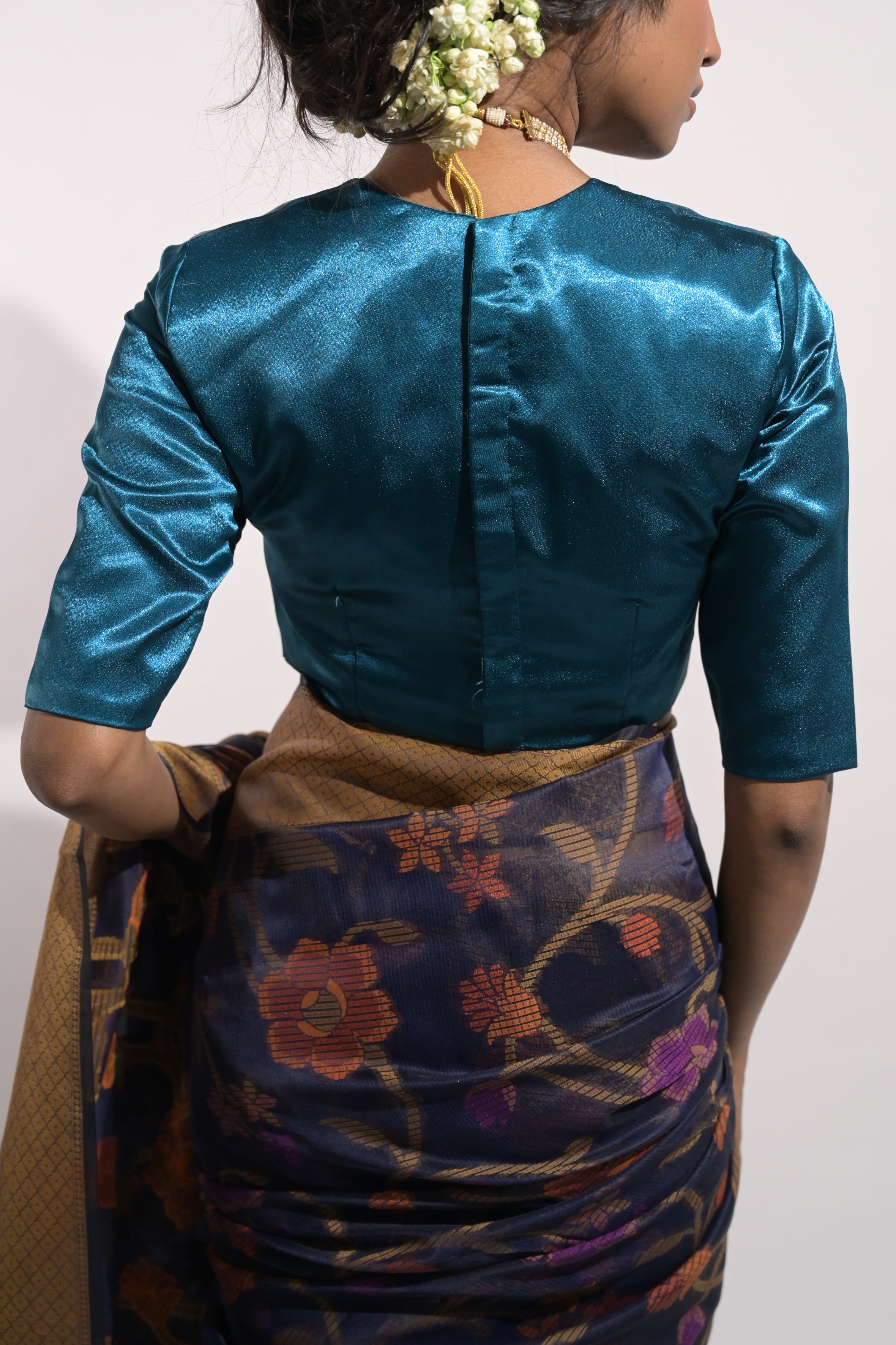 Megha I Cerulean Blue Satin Silk Blouse with Sweet-Heart Neckline