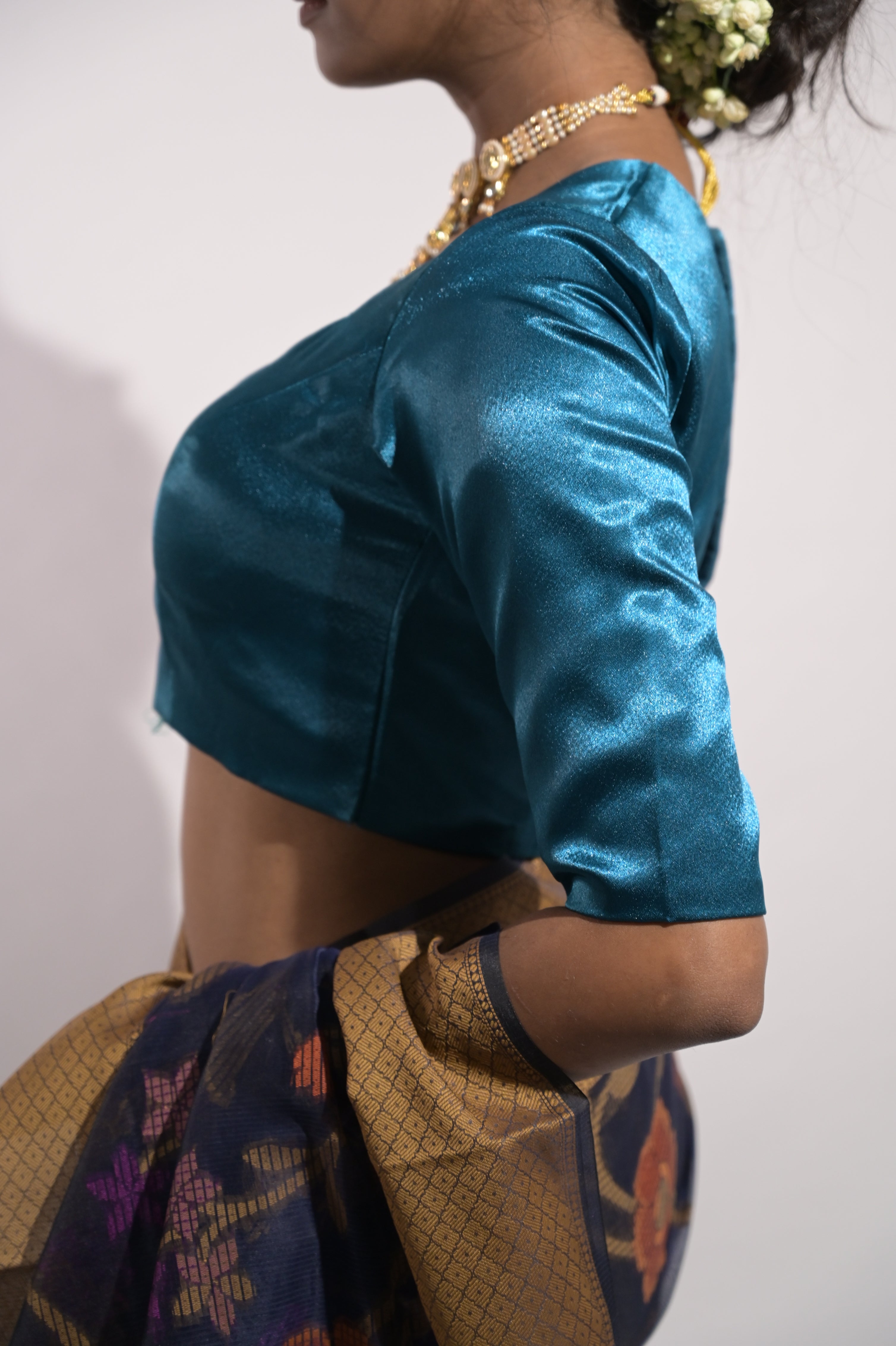 Megha I Cerulean Blue Satin Silk Blouse with Sweet-Heart Neckline