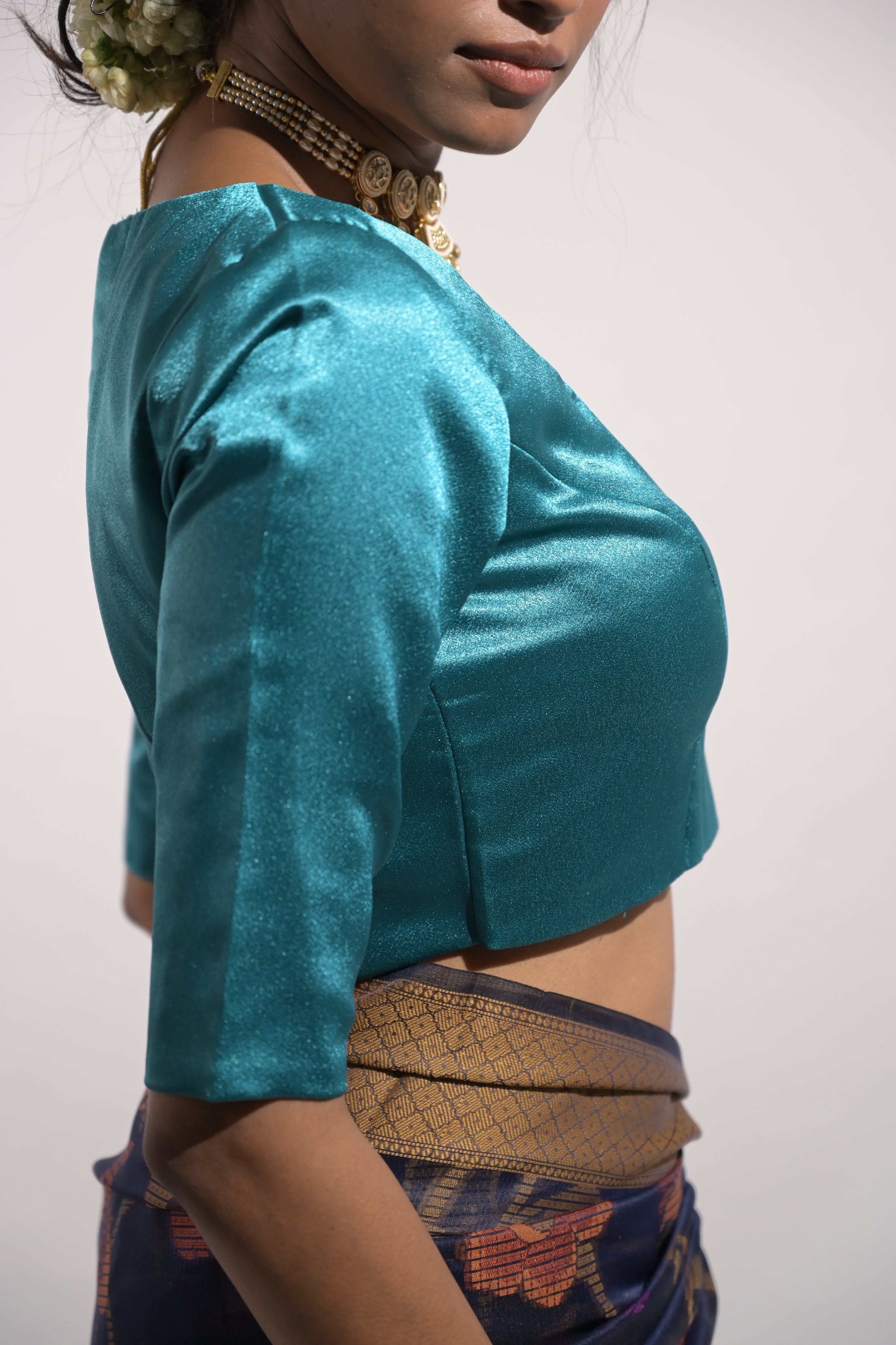 Akruti  I Sea Green Silk Blouse with V Neckline
