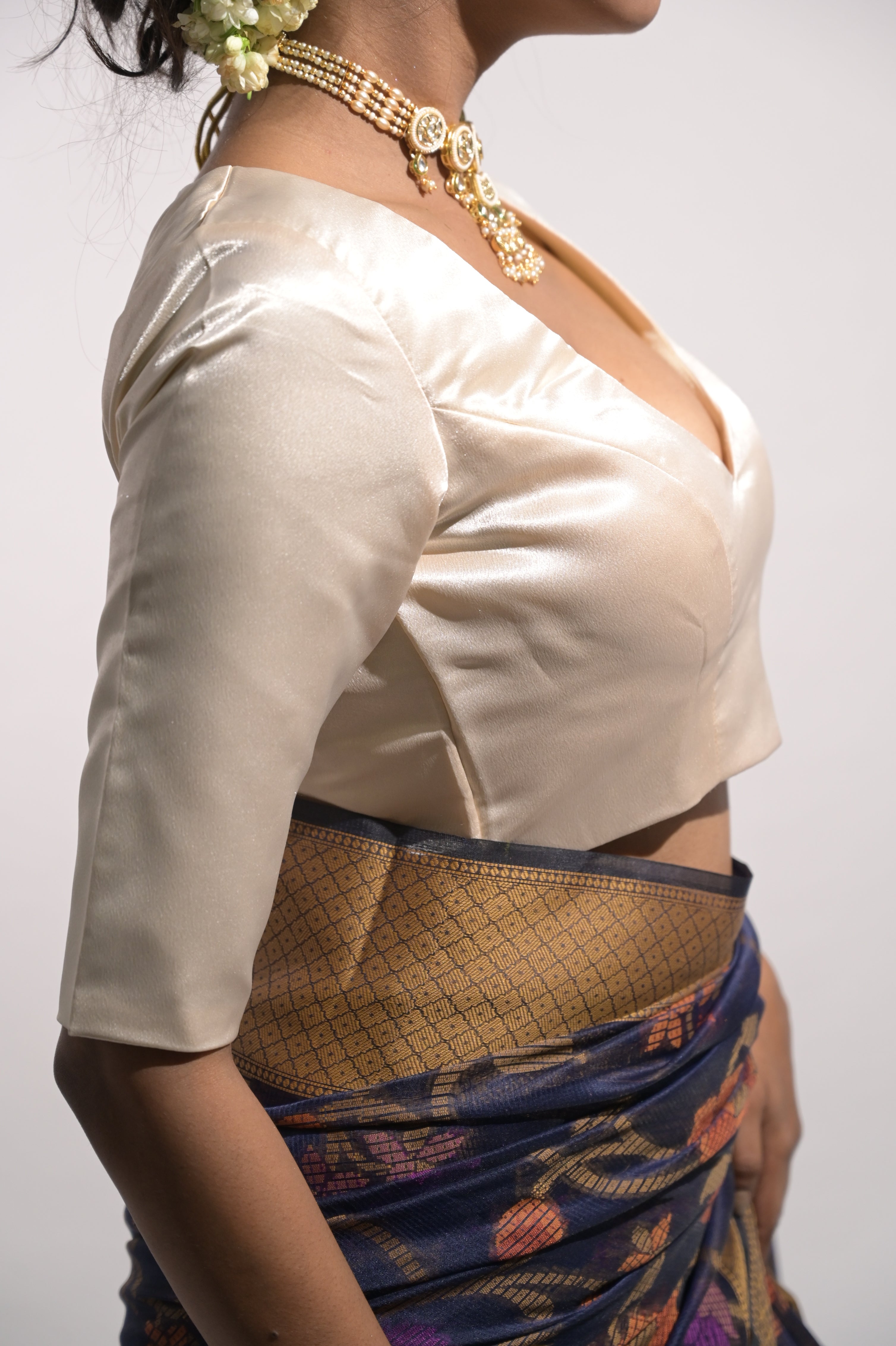 Vani I Ivory Satin Silk Blouse with V Neckline