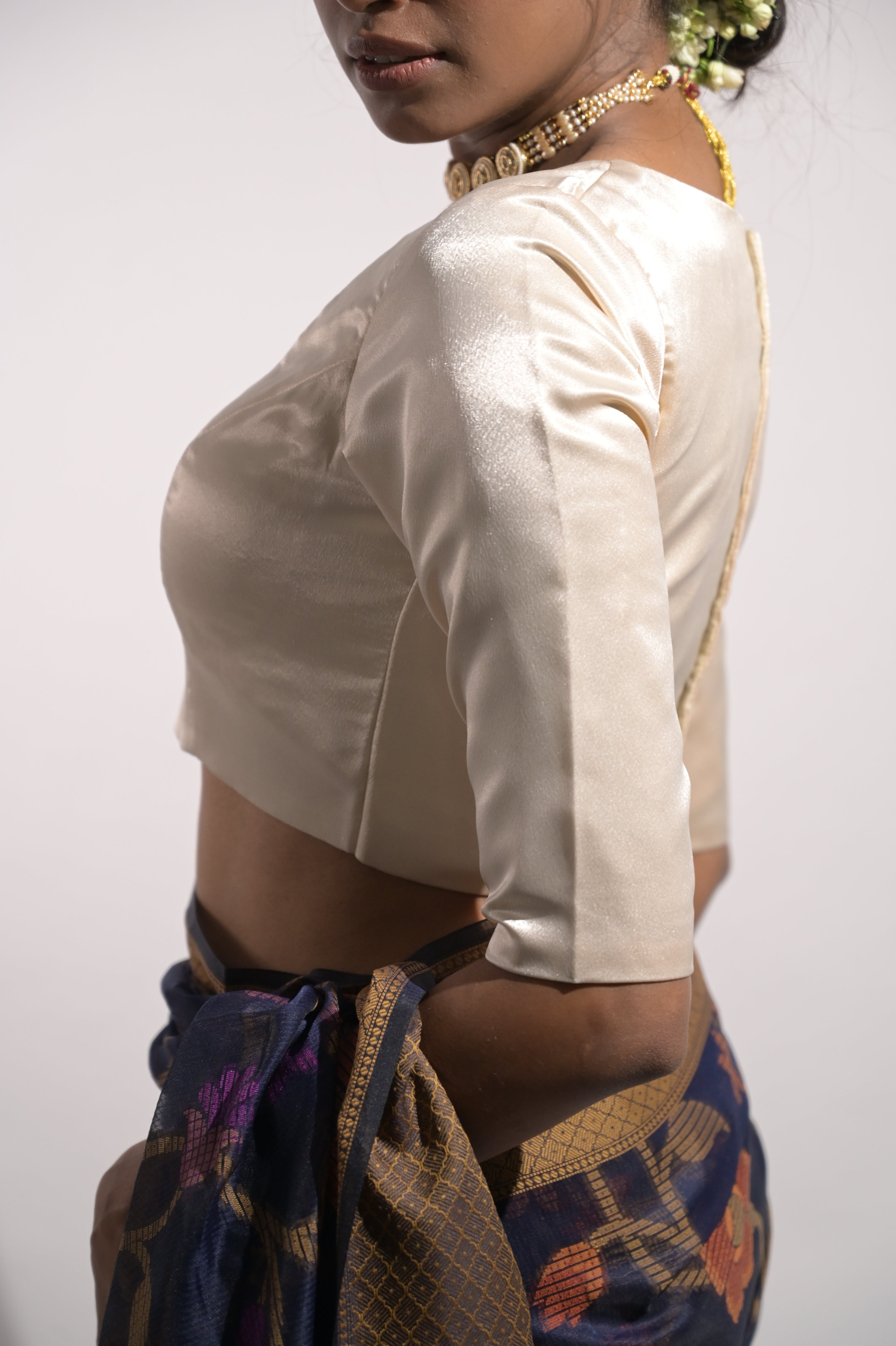 Vani I Ivory Satin Silk Blouse with V Neckline