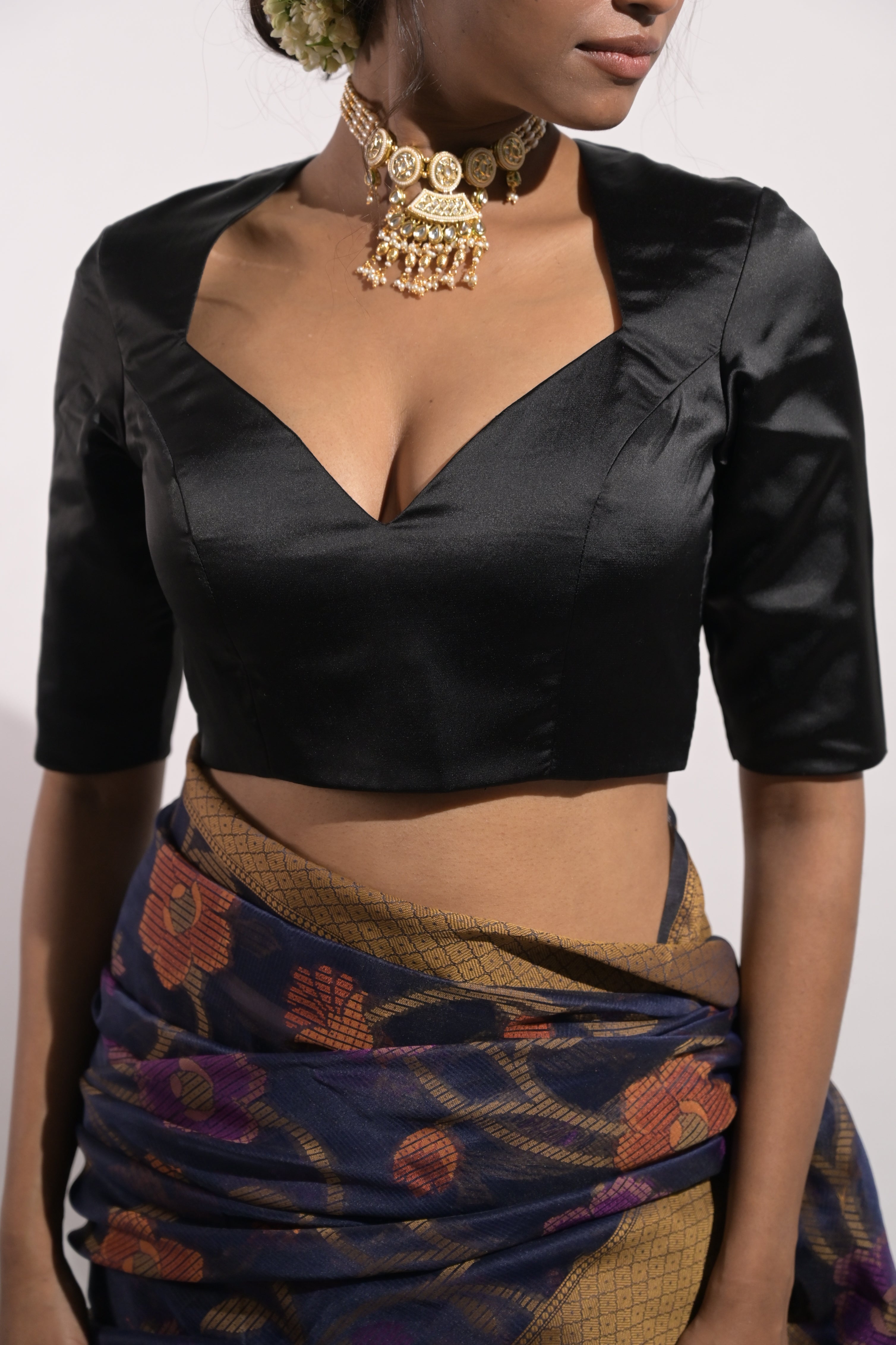 Nira I Black Satin Silk Blouse with Sweet-Heart Neckline