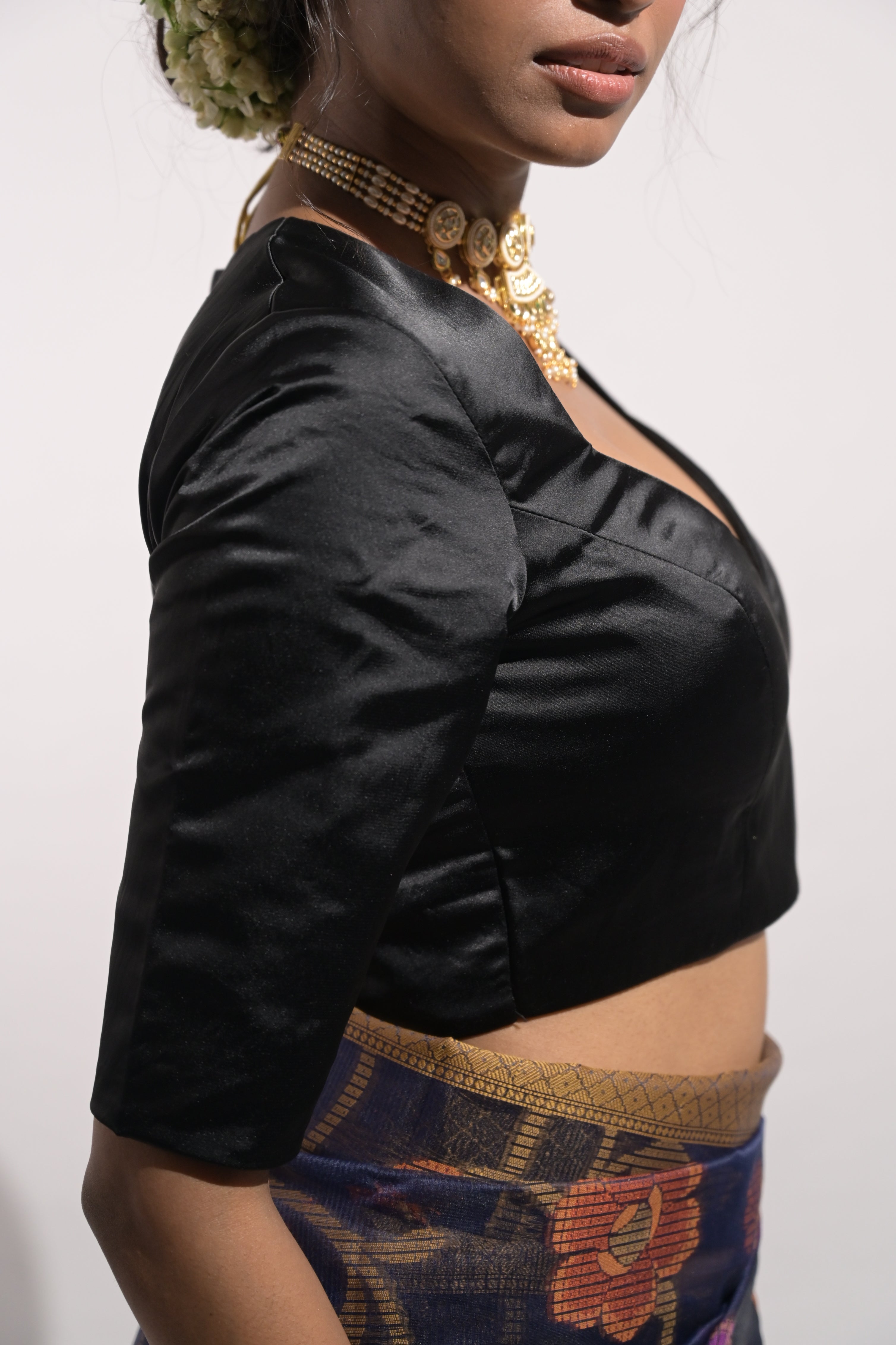 Nira I Black Satin Silk Blouse with Sweet-Heart Neckline