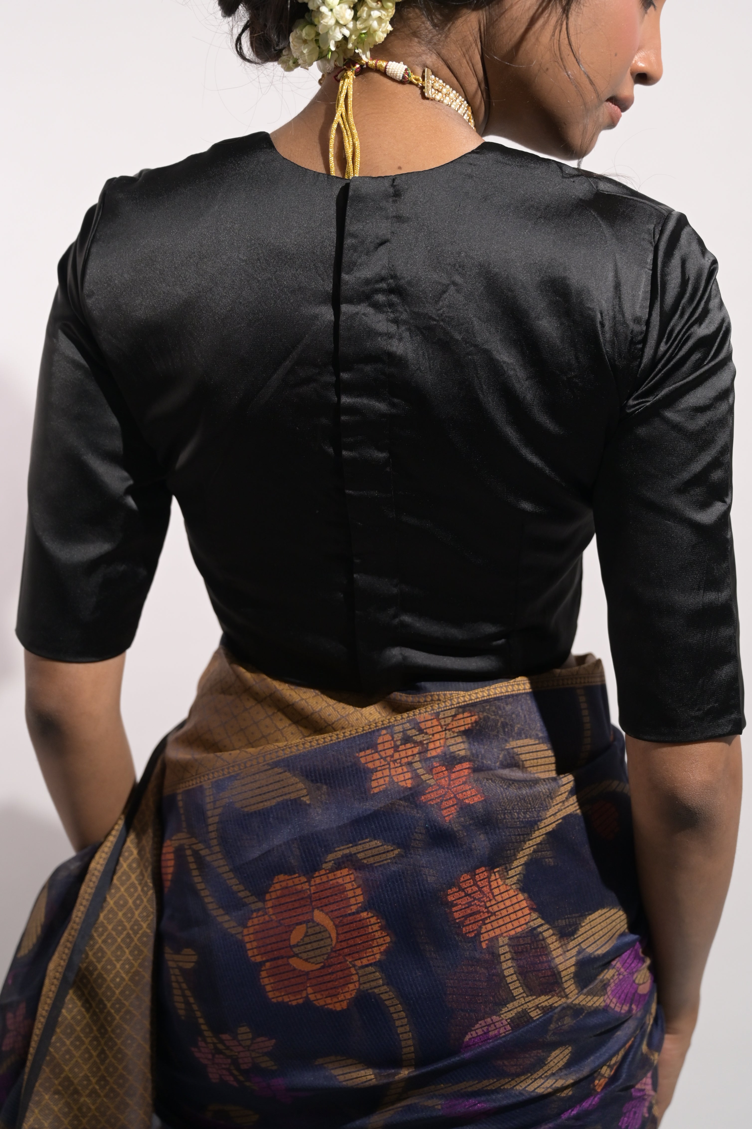 Nira I Black Satin Silk Blouse with Sweet-Heart Neckline