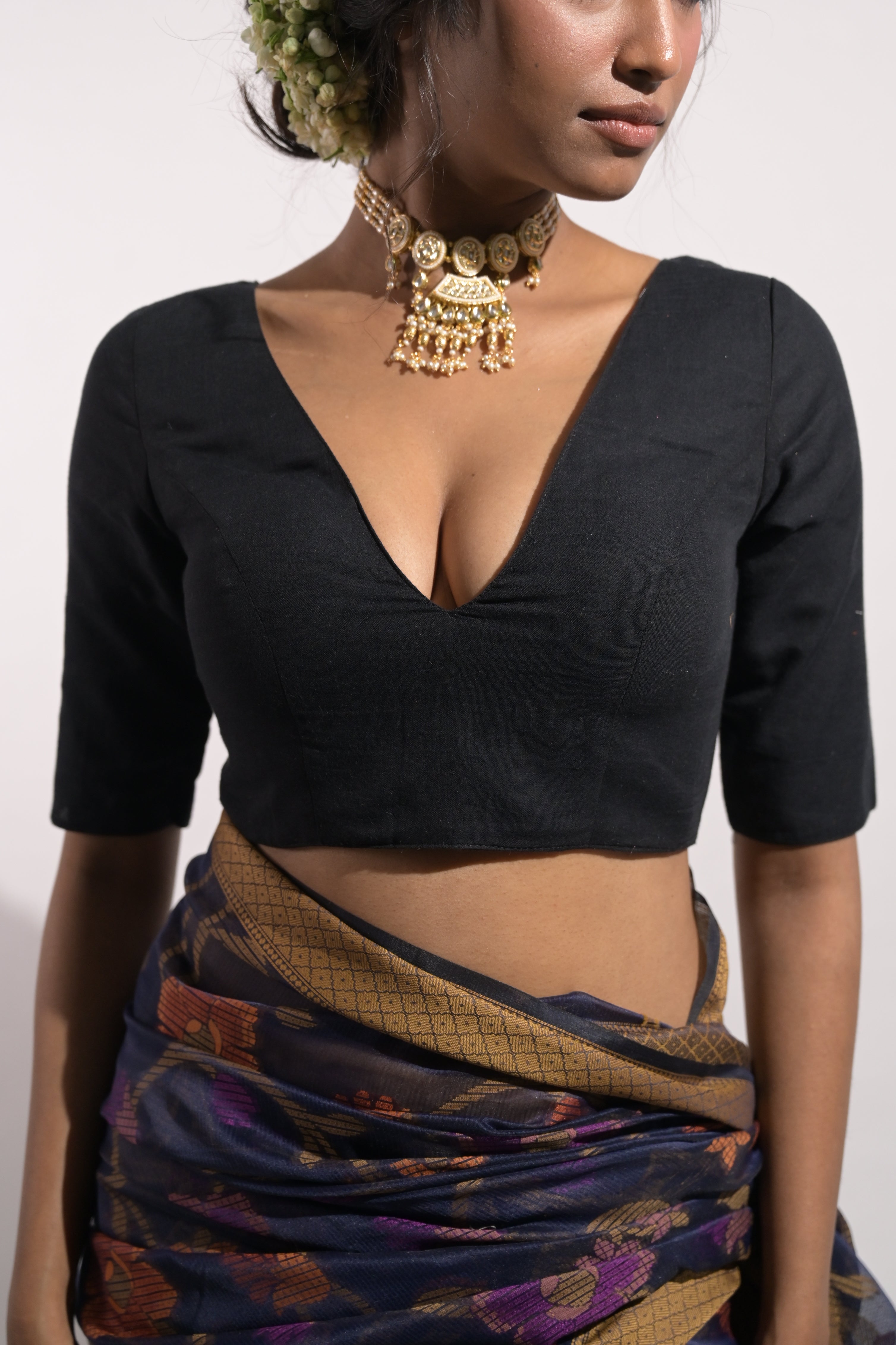 Nishi I Black Handloom Mul Cotton Blouse with V Neckline