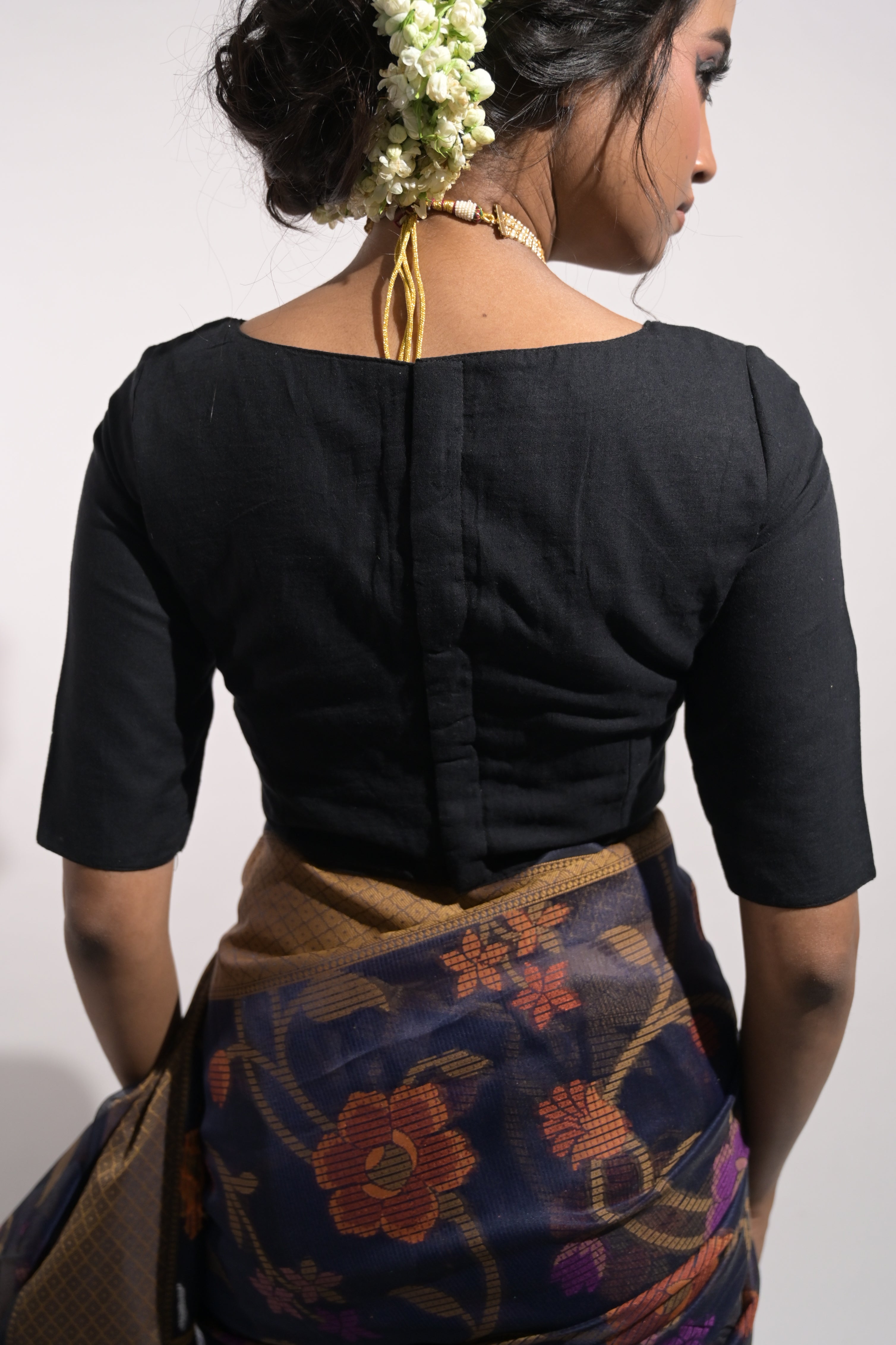 Nishi I Black Handloom Mul Cotton Blouse with V Neckline