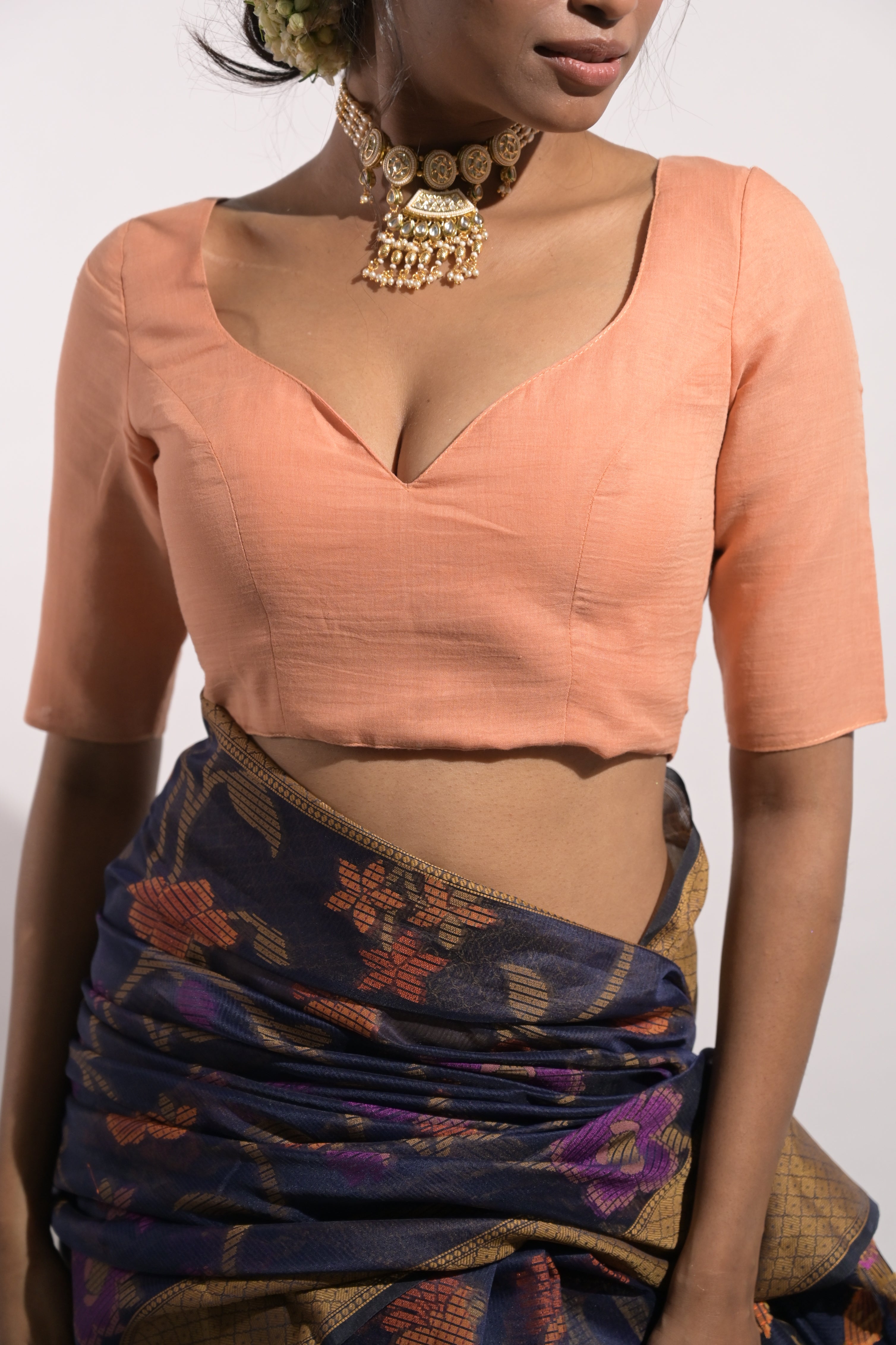 Bhumi I Light Brown Handloom Mul Cotton Blouse with Sweet Heart Neckline
