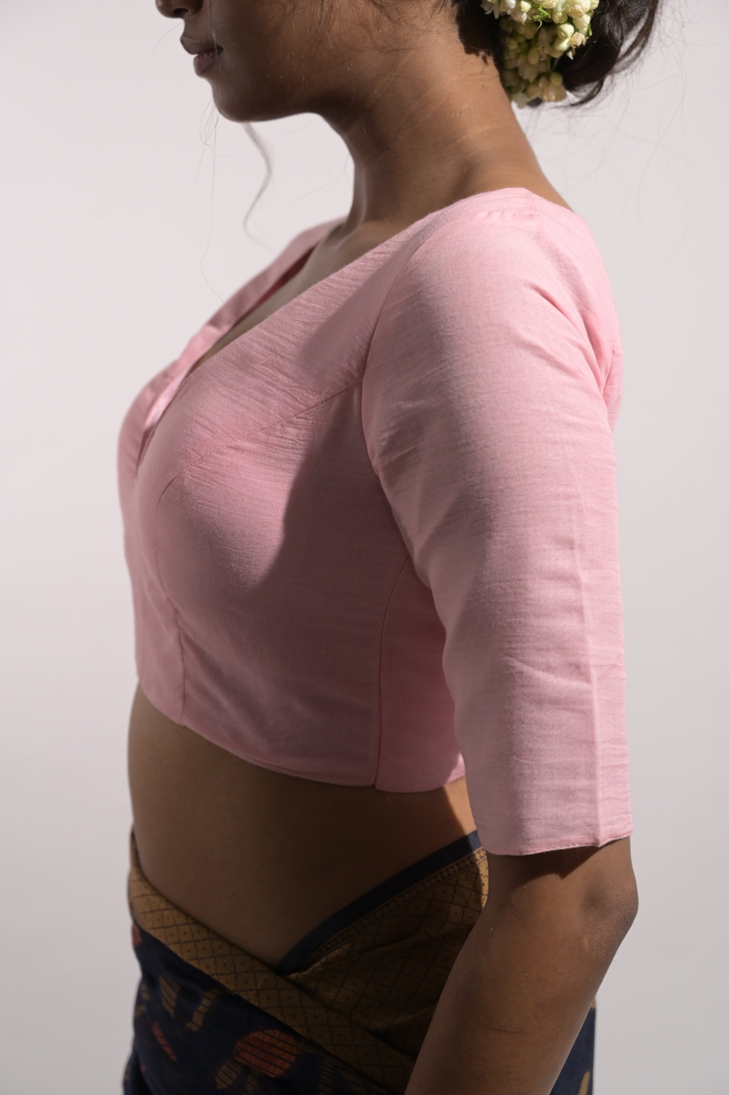 Gulal I Baby Pink Handloom Mul Cotton Blouse with V Neckline