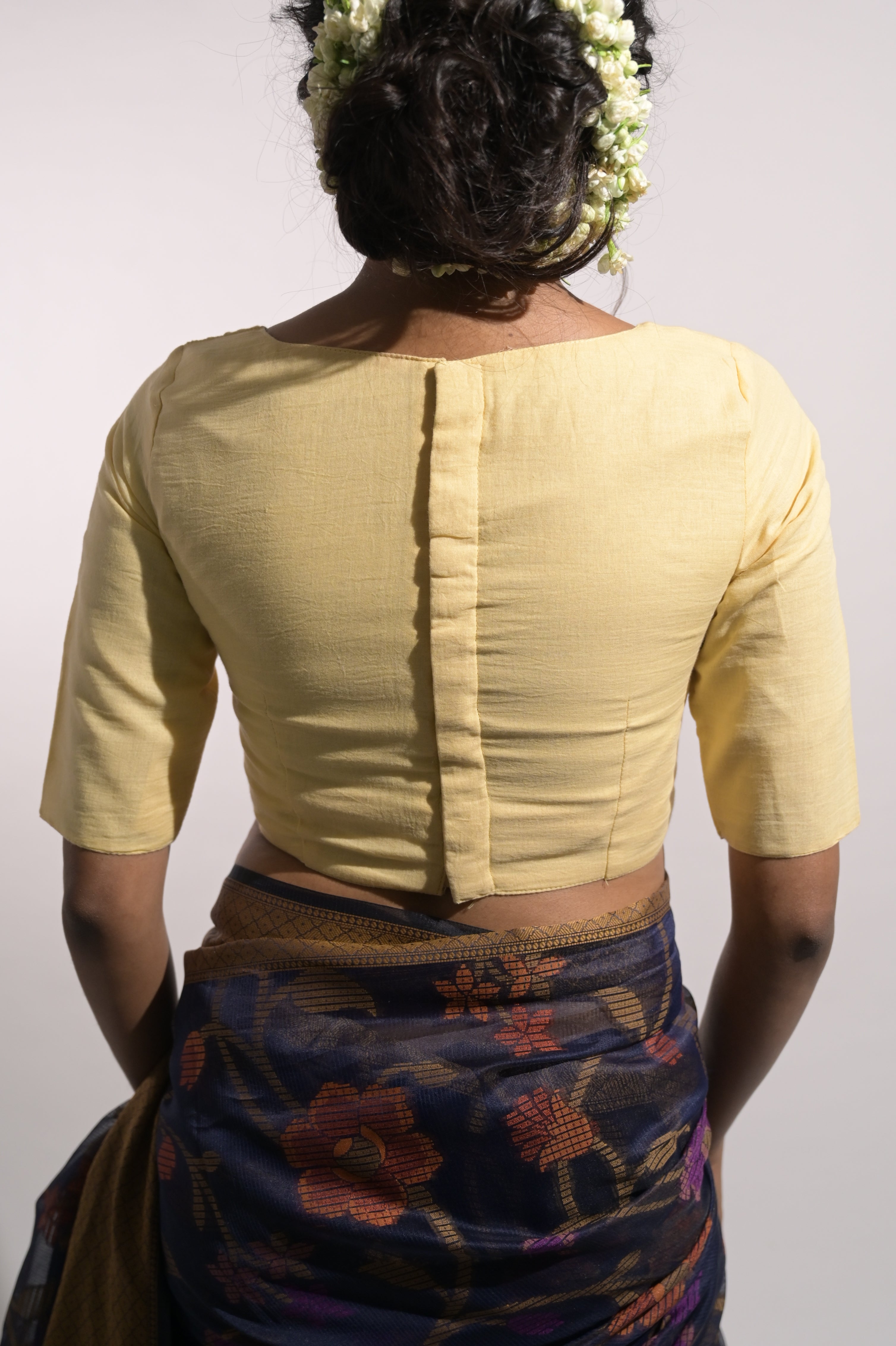 Jugni I Light Yellow Handloom Mul Cotton Blouse with V Neckline