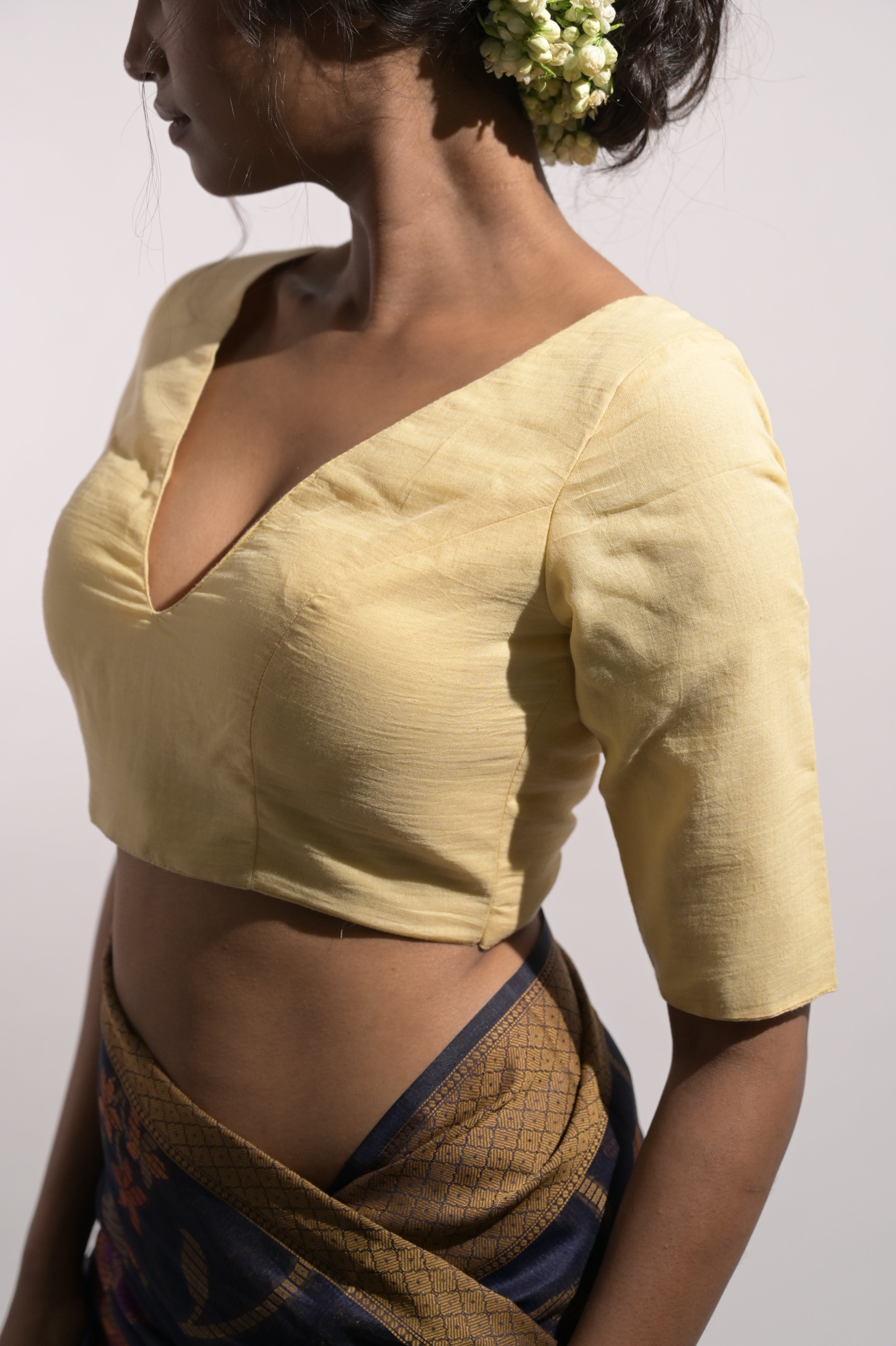 Jugni I Light Yellow Handloom Mul Cotton Blouse with V Neckline