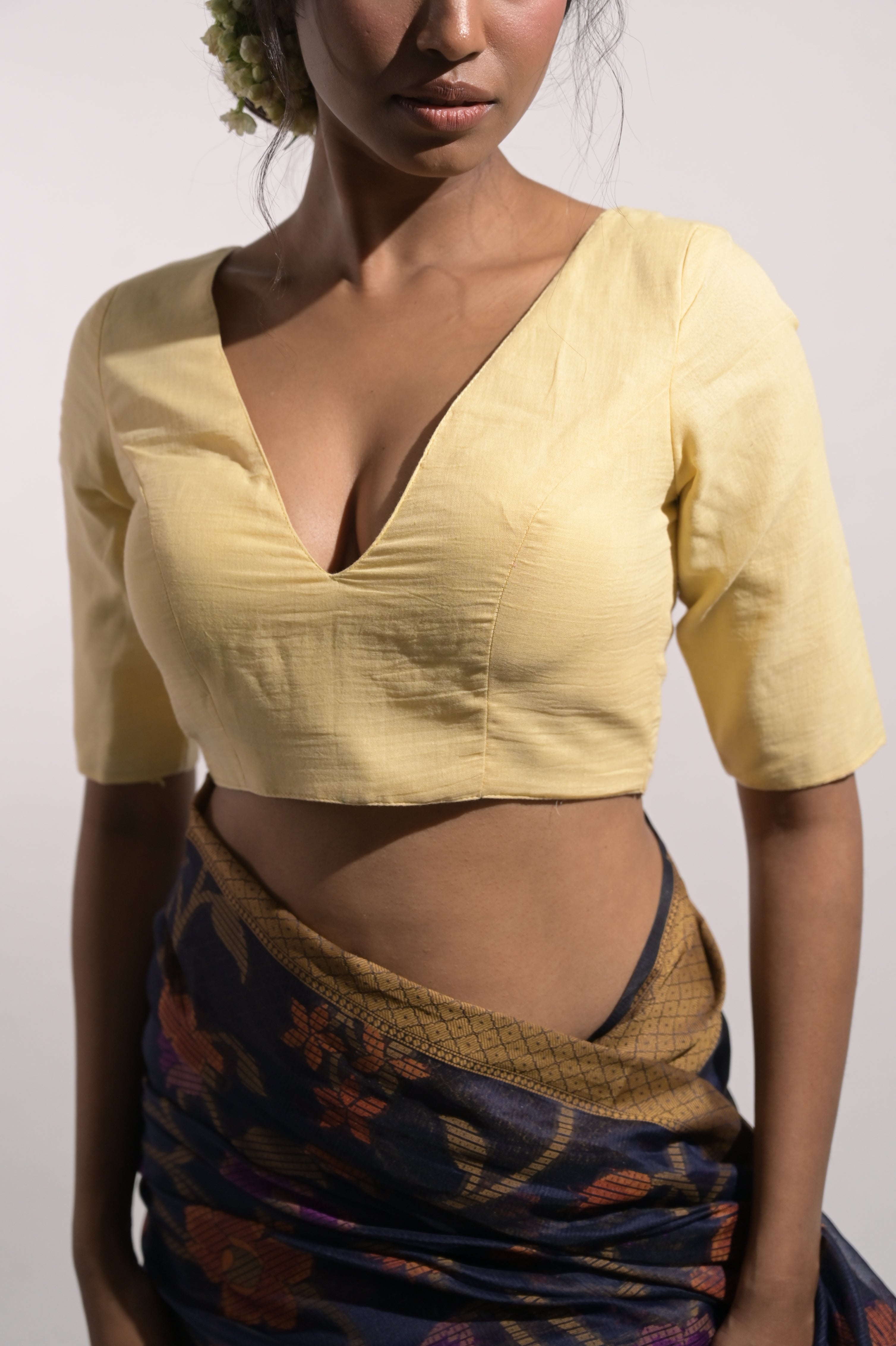 Jugni I Light Yellow Handloom Mul Cotton Blouse with V Neckline
