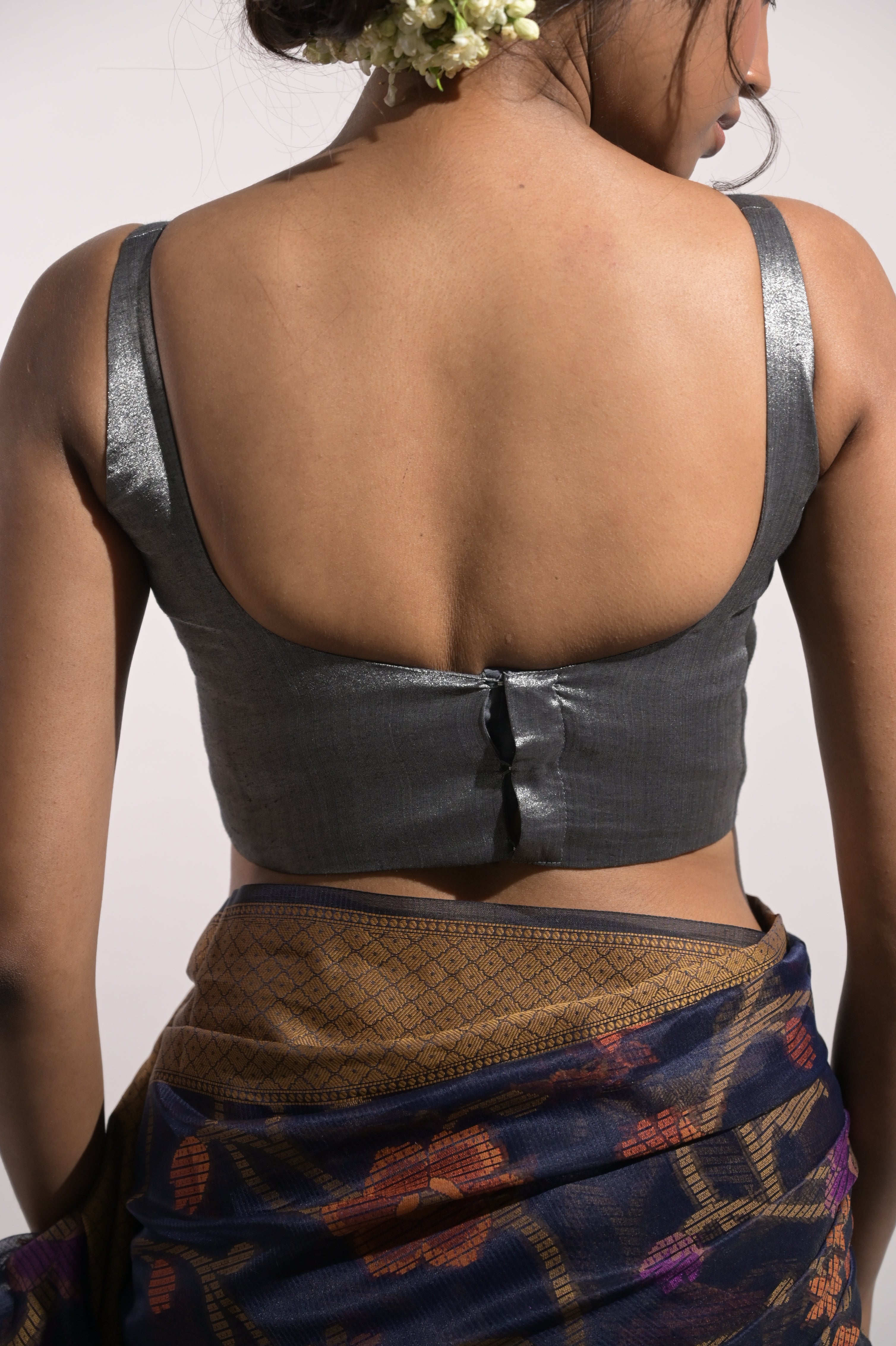 Kiran I Silver Handloom Tissue Sleeveless Blouse