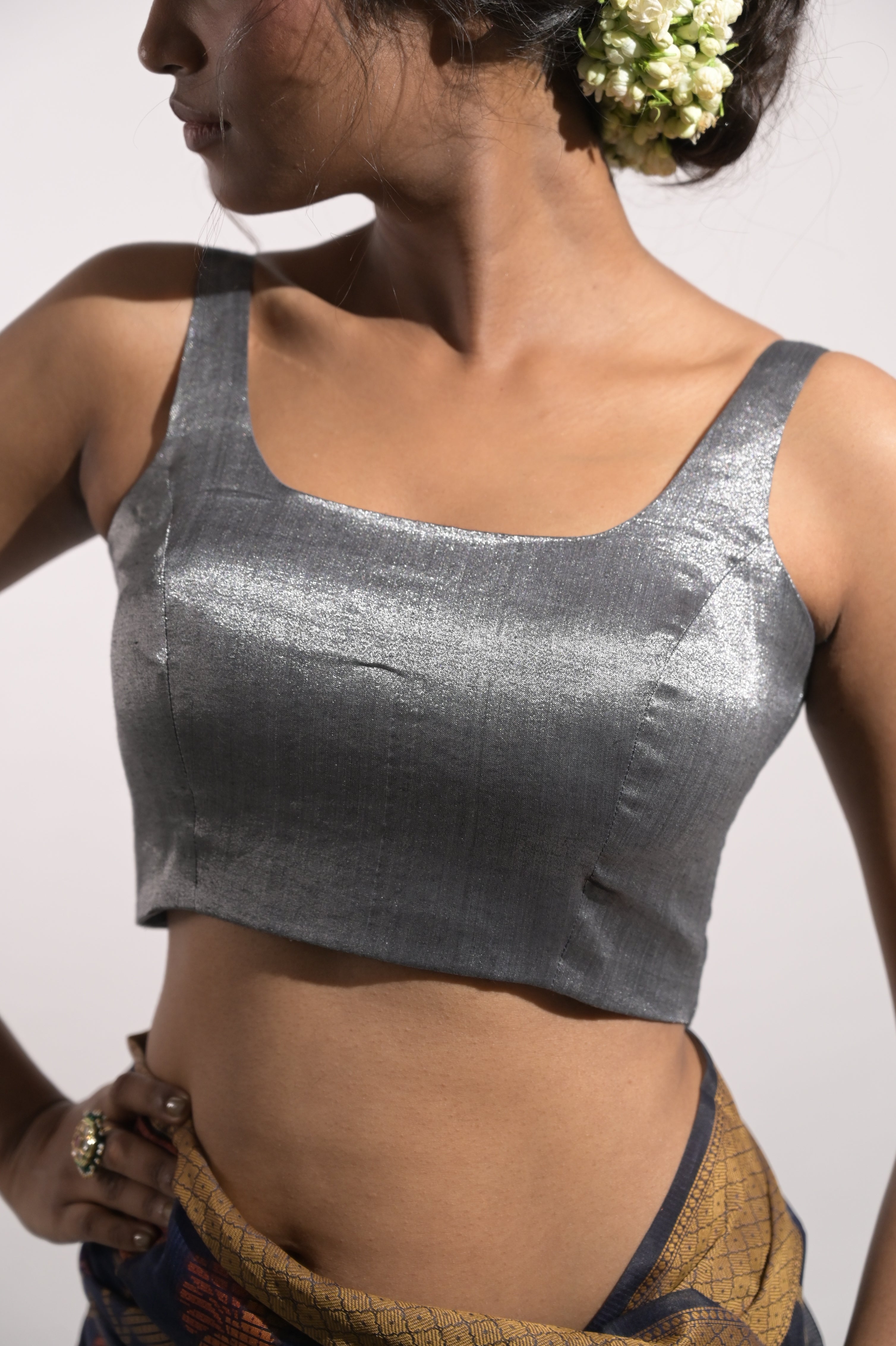 Kiran I Silver Handloom Tissue Sleeveless Blouse