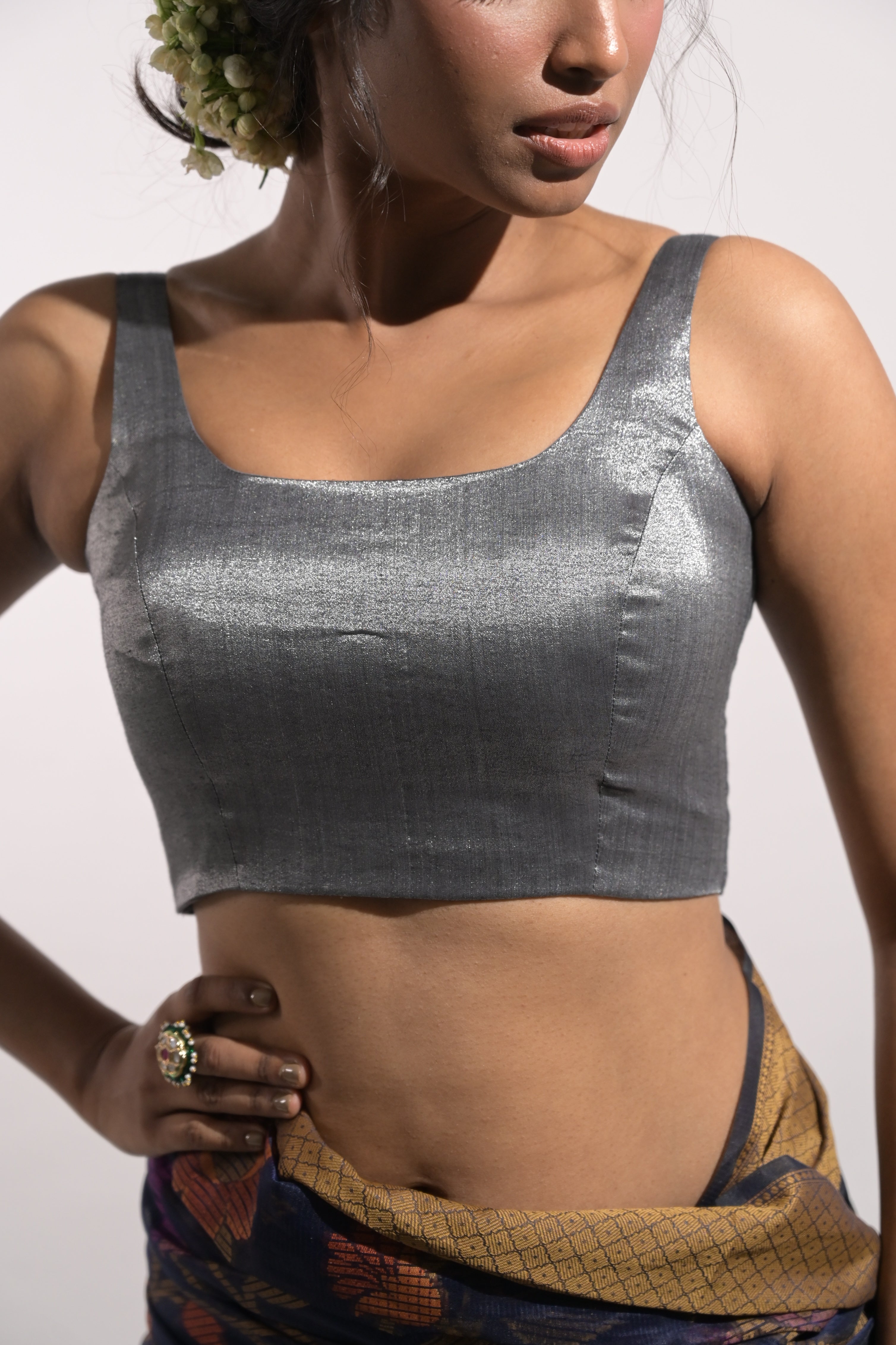 Kiran I Silver Handloom Tissue Sleeveless Blouse