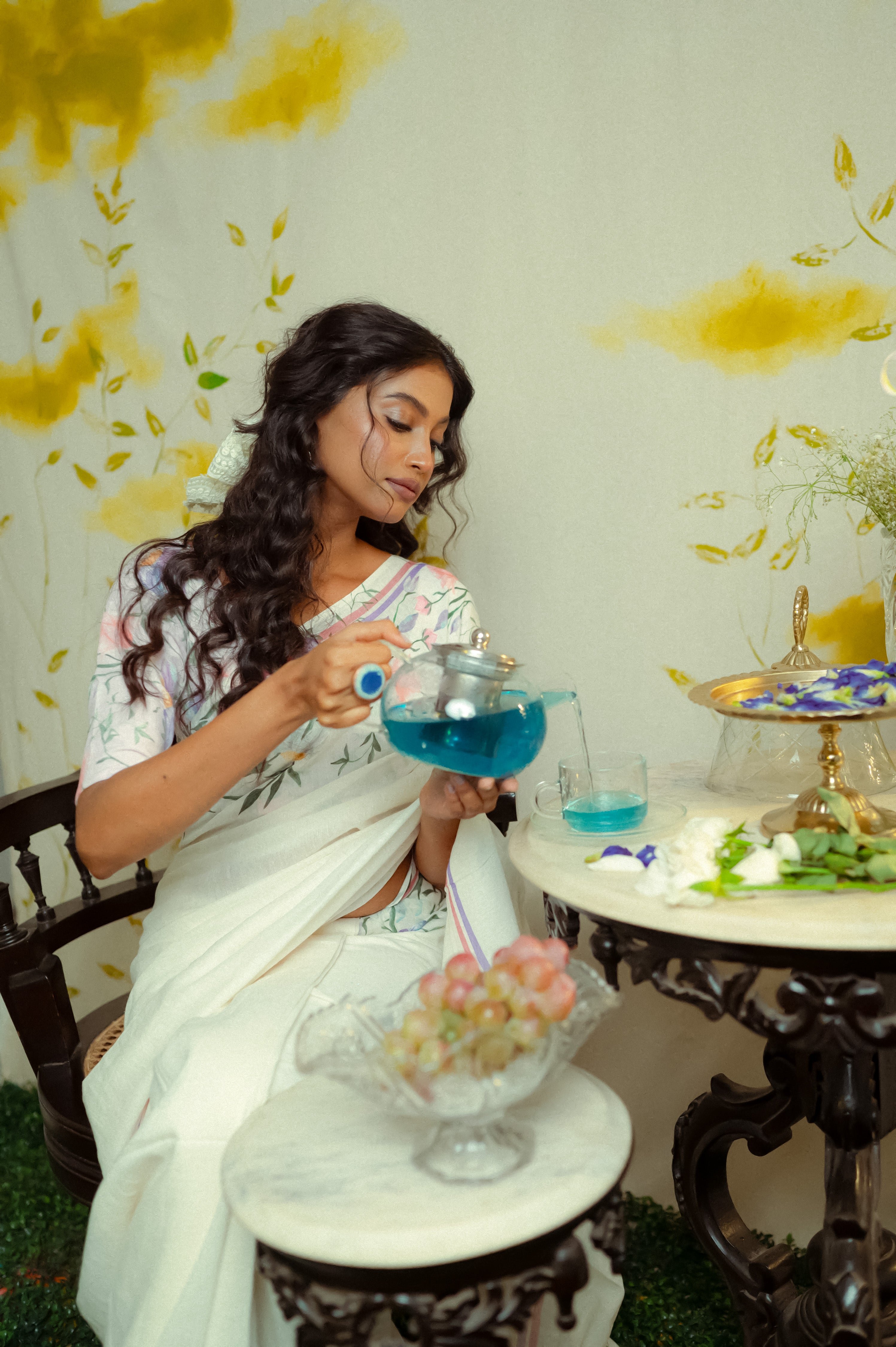 White Handwoven linen floral printed saree with ready to wear floral printed blouse combo(Mallika + Palash)