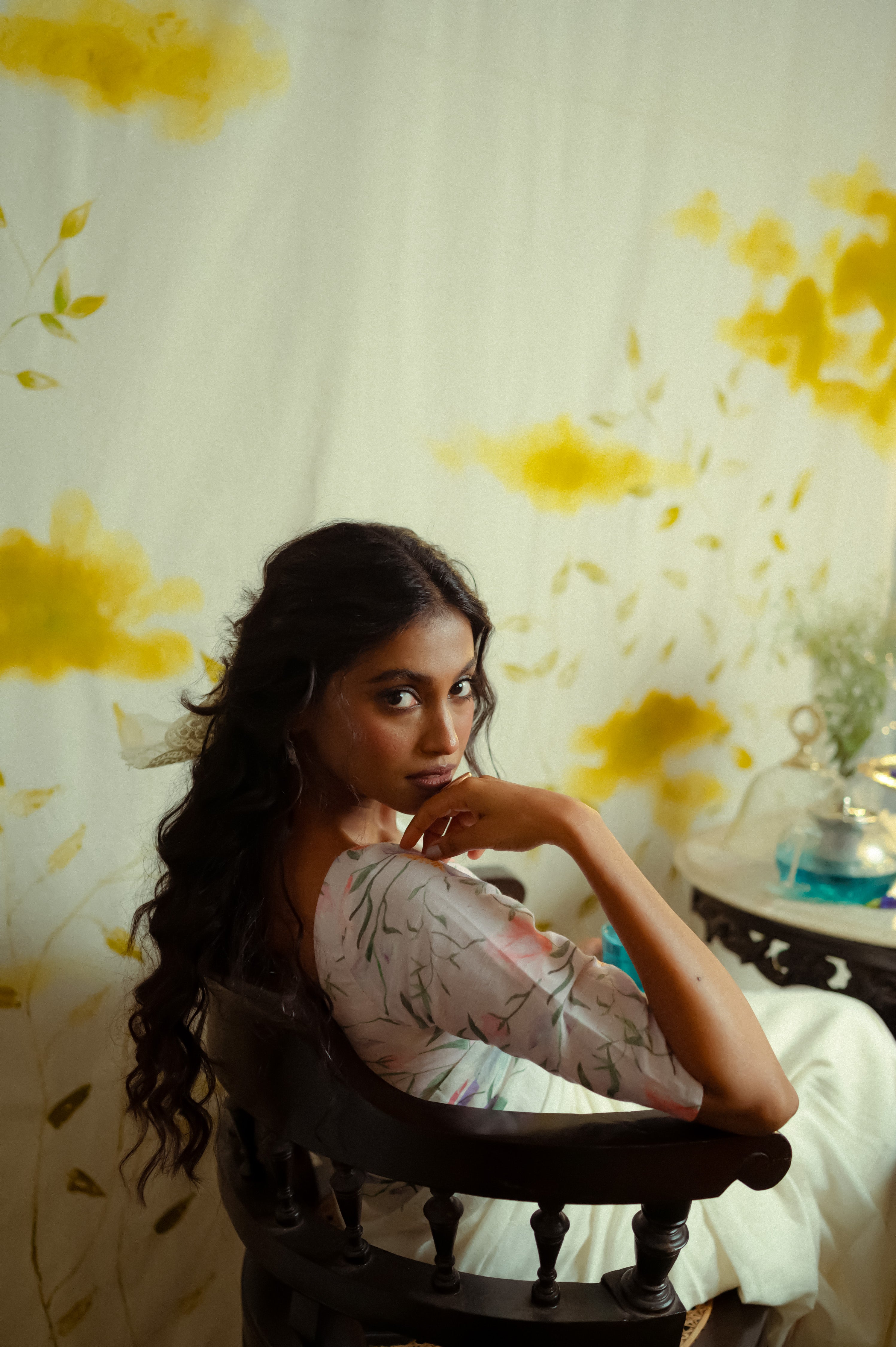 White Handwoven linen floral printed saree with ready to wear floral printed blouse combo(Mallika + Palash)