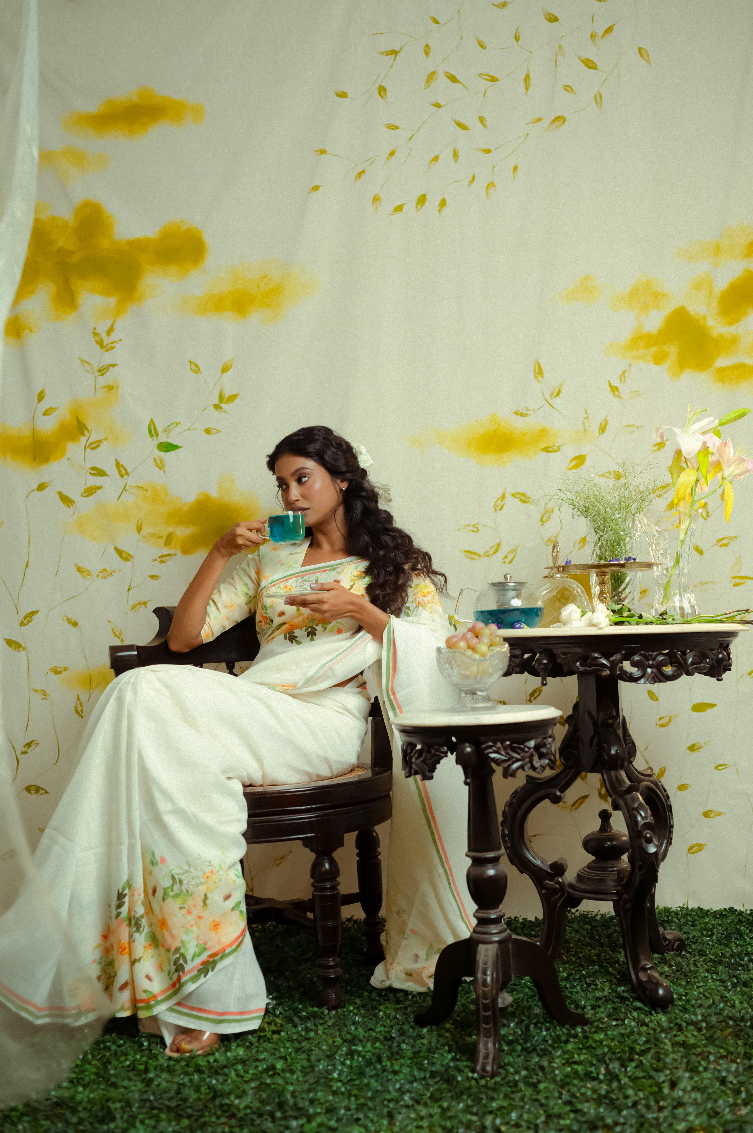 White Handwoven linen floral printed saree with ready to wear cream coloured floral printed blouse combo(Paarijat + Kamal)