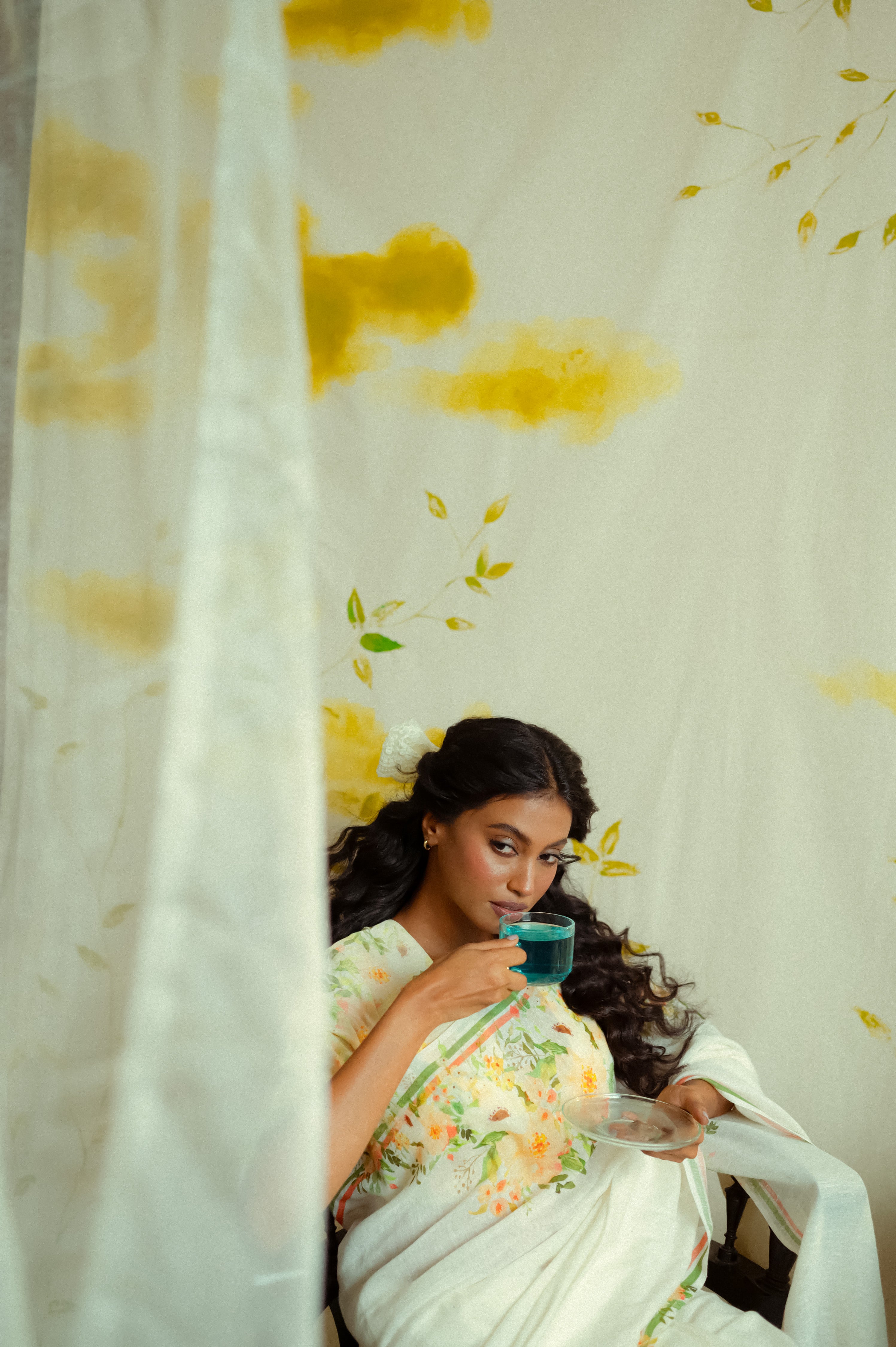 White Handwoven linen floral printed saree with ready to wear cream coloured floral printed blouse combo(Paarijat + Kamal)