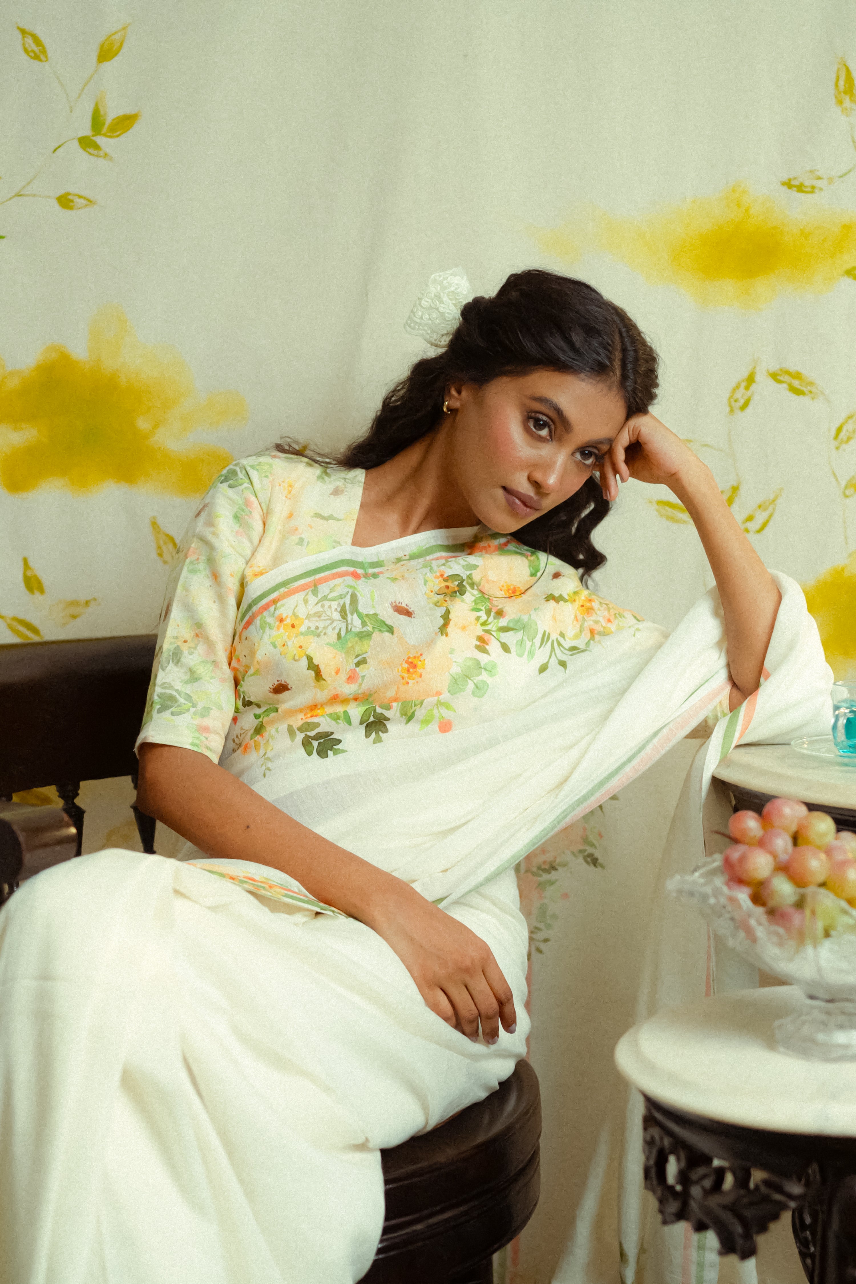 Paarijat I White Handloom Linen Saree with Peach Floral Print