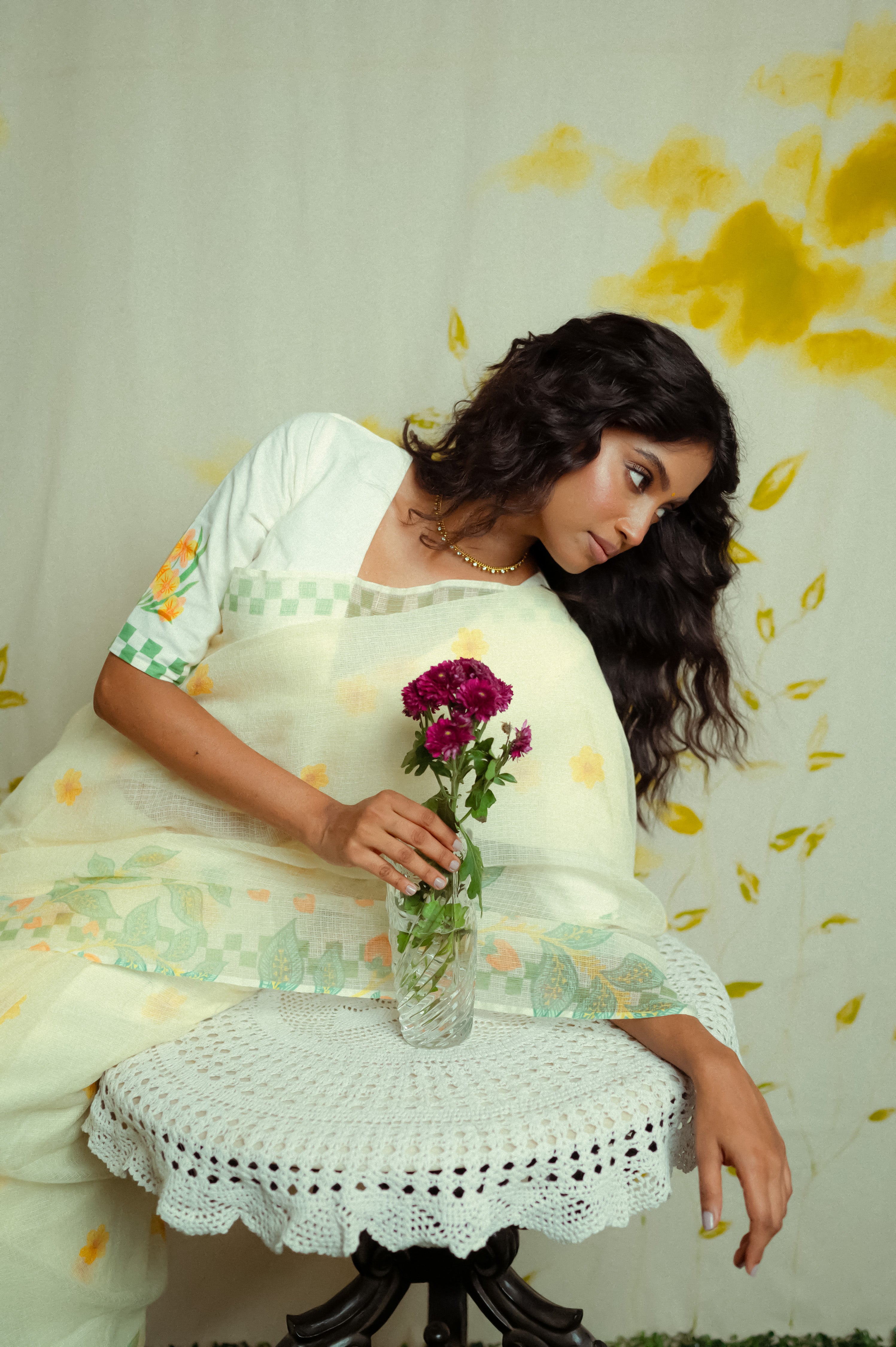 cream Handwoven cotton printed kota saree with ready to wear cotton printed blouse combo(ketaki + Bela)