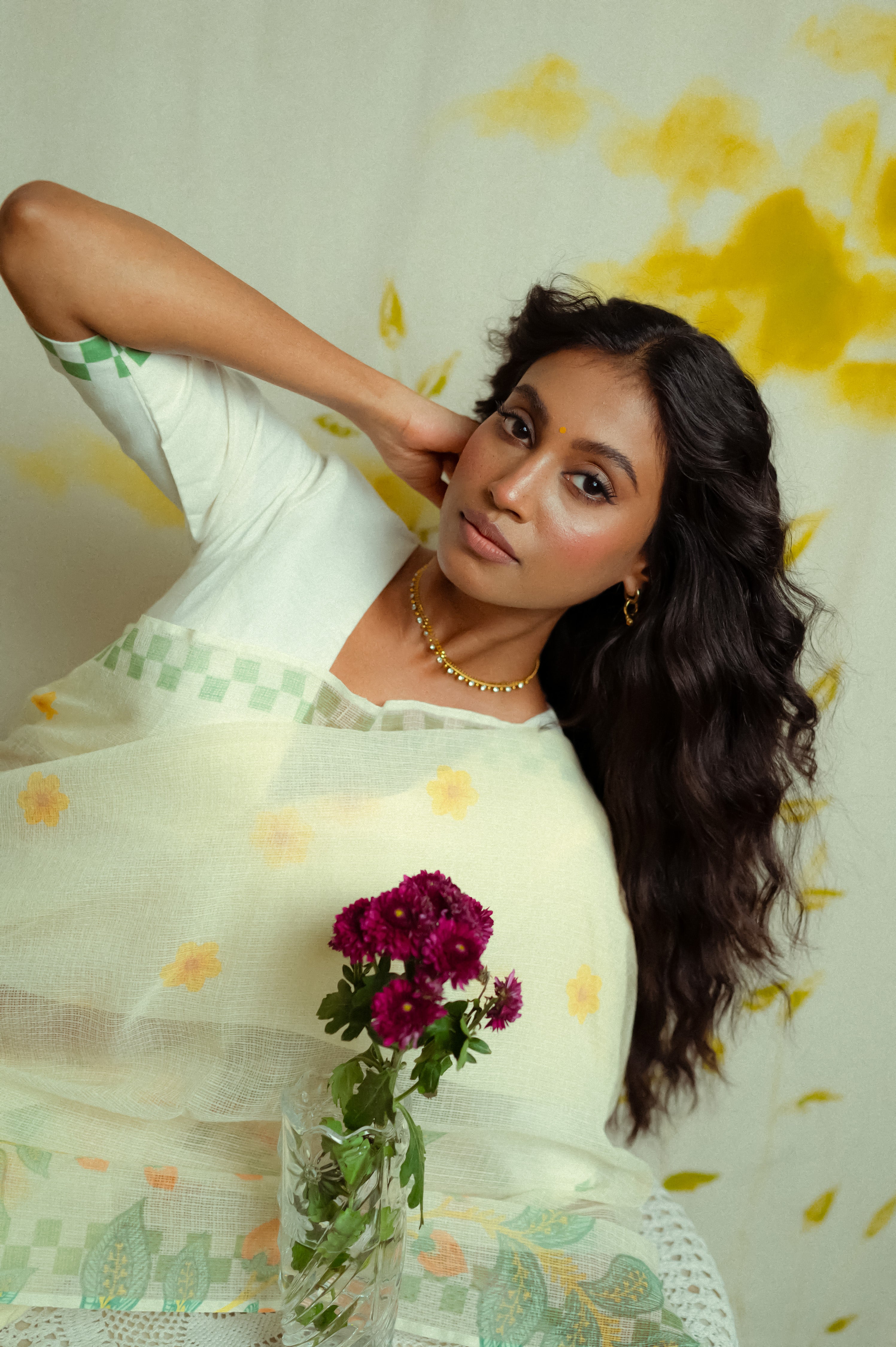 cream Handwoven cotton printed kota saree with ready to wear cotton printed blouse combo(ketaki + Bela)