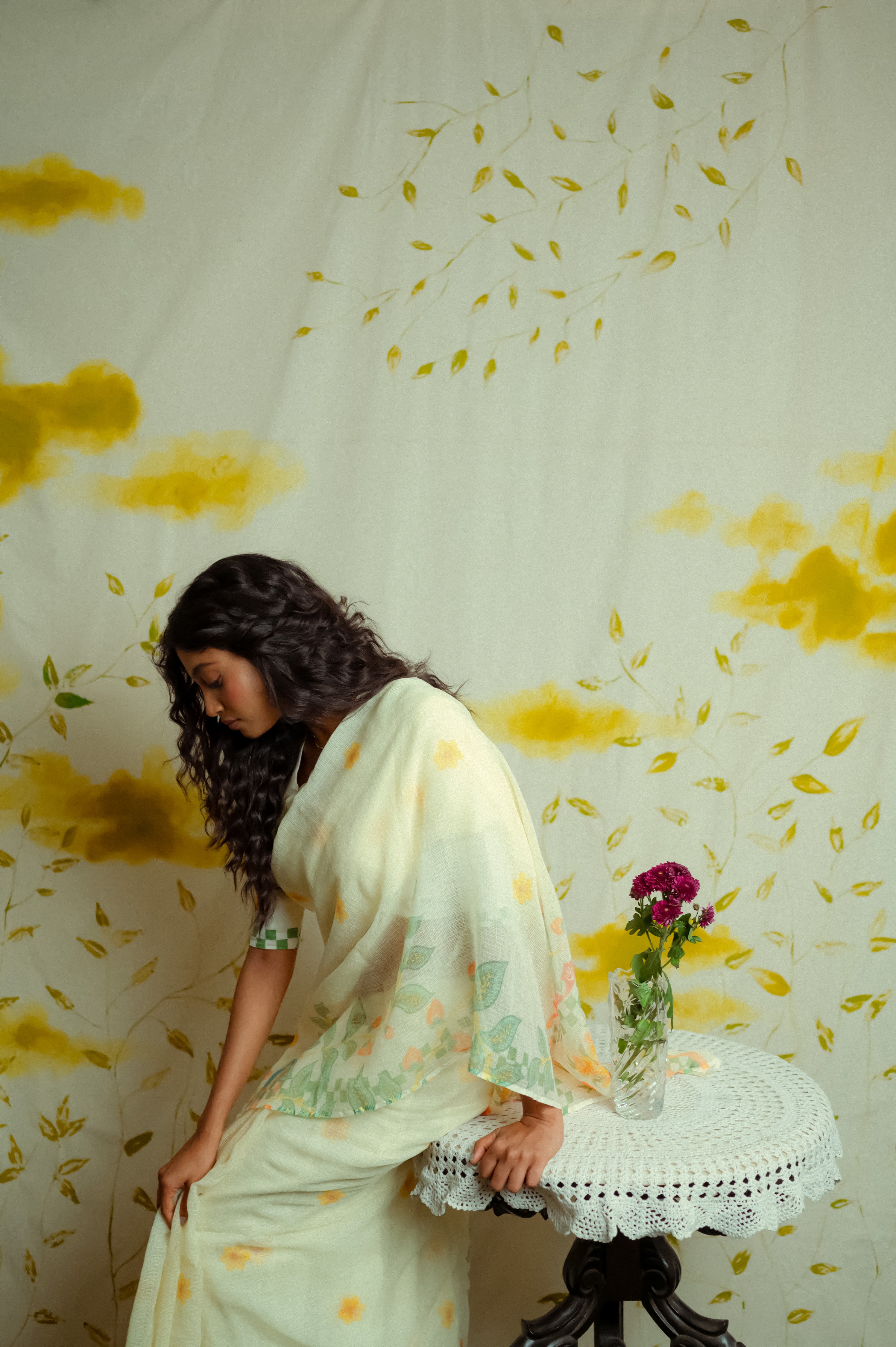cream Handwoven cotton printed kota saree with ready to wear cotton printed blouse combo(ketaki + Bela)